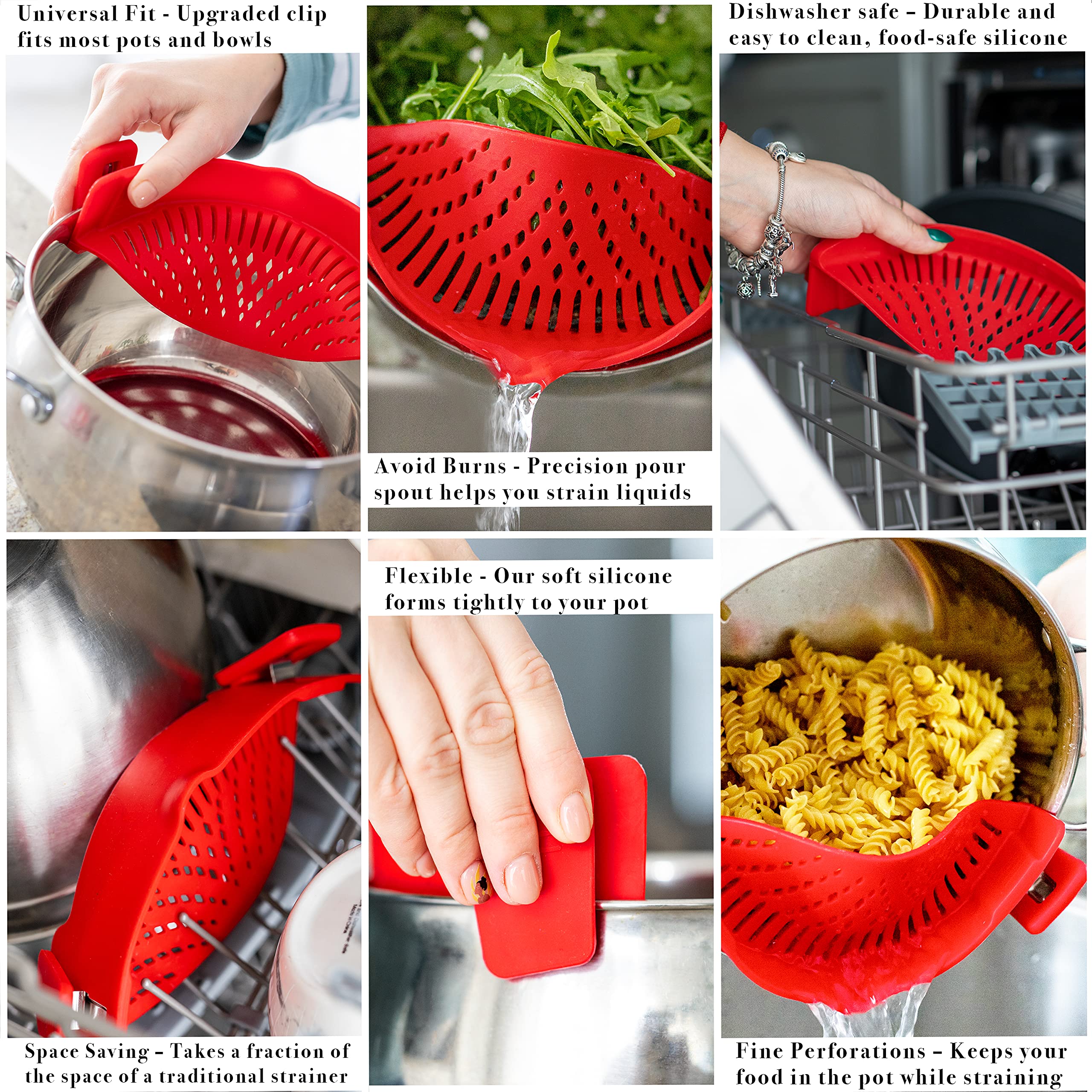 Clip On Pasta Strainer Silicone - Universal Fit For All Pots And Bowls | Snap On Drainer For Pasta, Meat, Vegetables, Fruit | Si