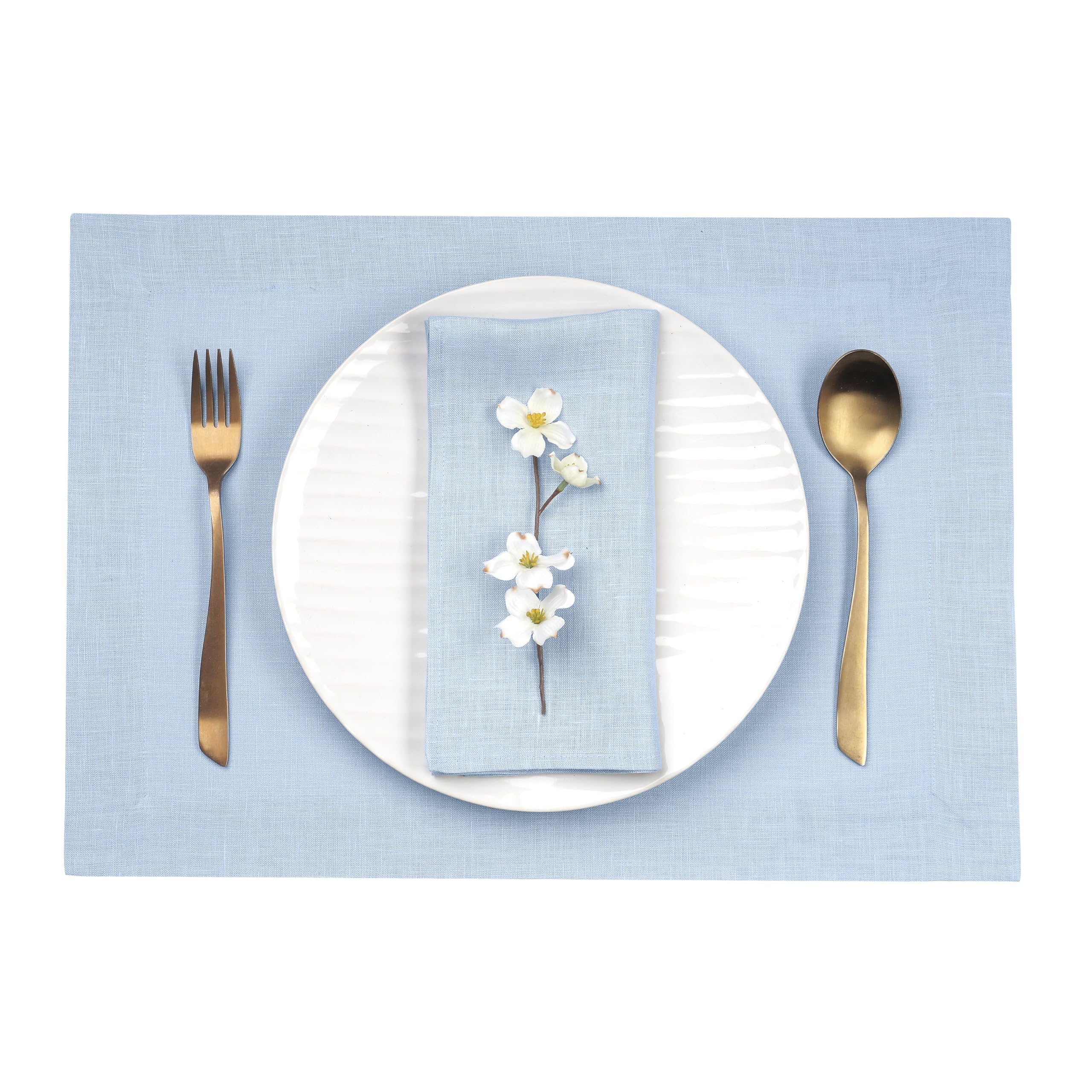 D'Moksha Homes Linen Placemats Set Of 4-100% Pure Linen Powder Blue Placemats 14 X 19 Inch - Washable Powder Blue Placemats For