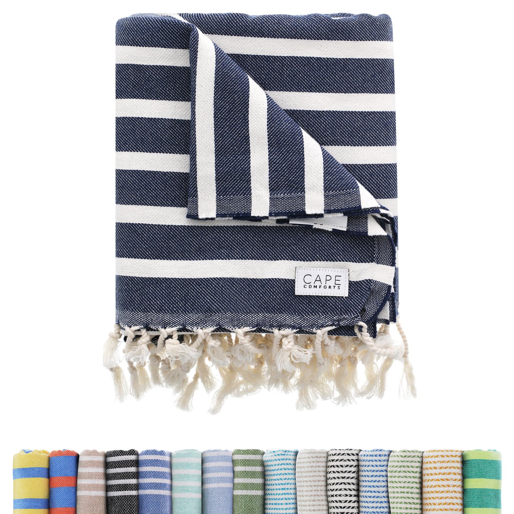 Cape Comforts Large Turkish Beach Towel, Striped Navy & Natural - 37'' X 67'' - Super Soft & Lightweight - Quick Dry Sand Free T