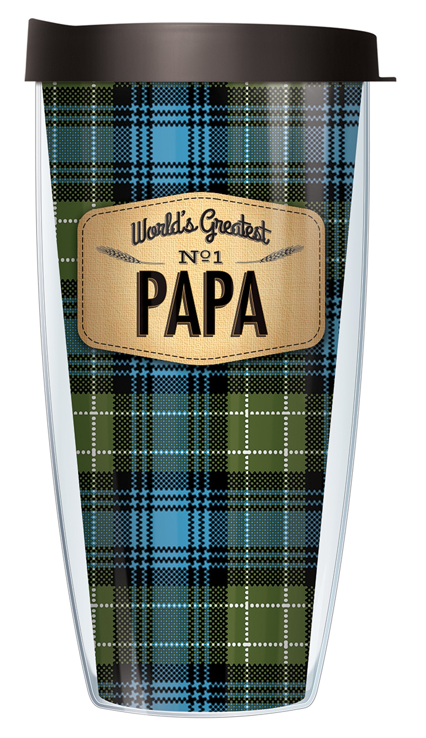 Signature Tumblers Worlds Greatest No. 1 Papa Wrap on Blue Flannel 16 Ounce DoubleWalled Travel Tumbler Mug with Black Easy Si