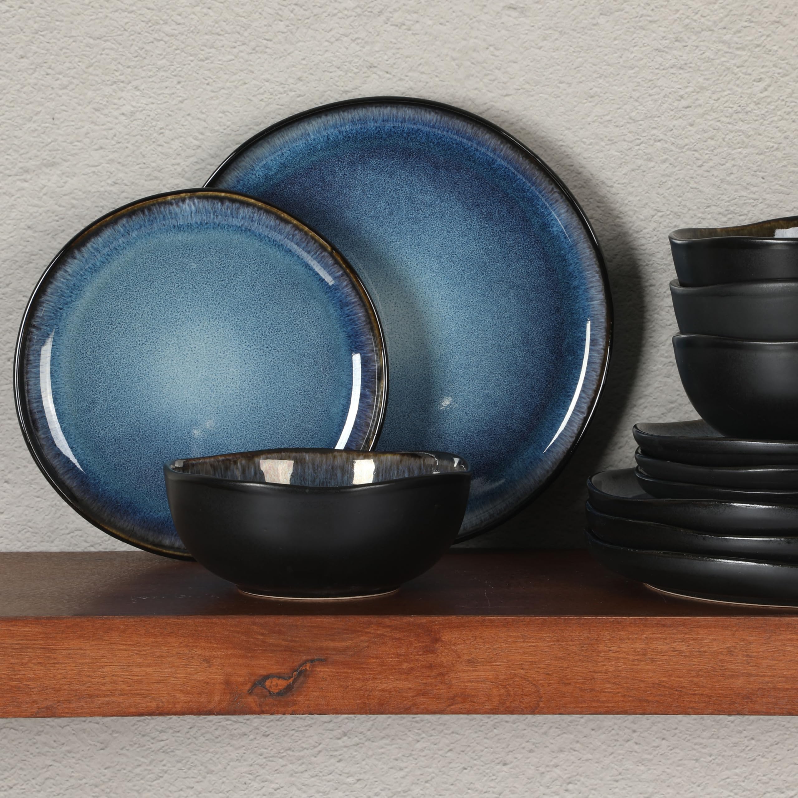 Gibson Soho Lounge Nardini 12 Piece (Service for 4) Plates and Bowls Reactive Glaze Dishes Stoneware Ceramic Dinnerware Set - Bl