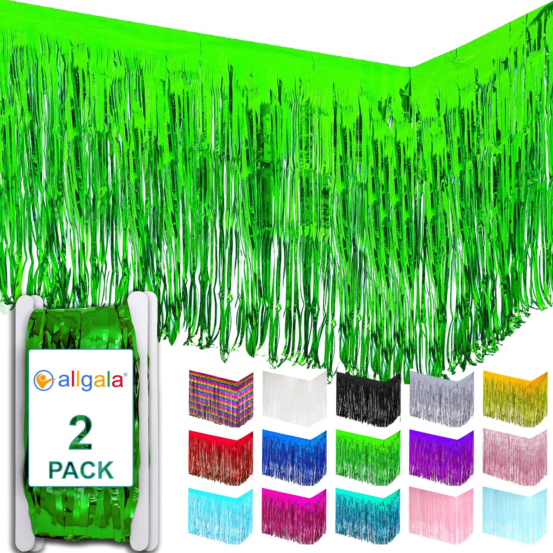 Allgala Green Tinsel Table Skirt 2-Pack 29X108 Inch Metallic Foil Fringe Table Skirts For Party Event, Parade Float, Party Decor