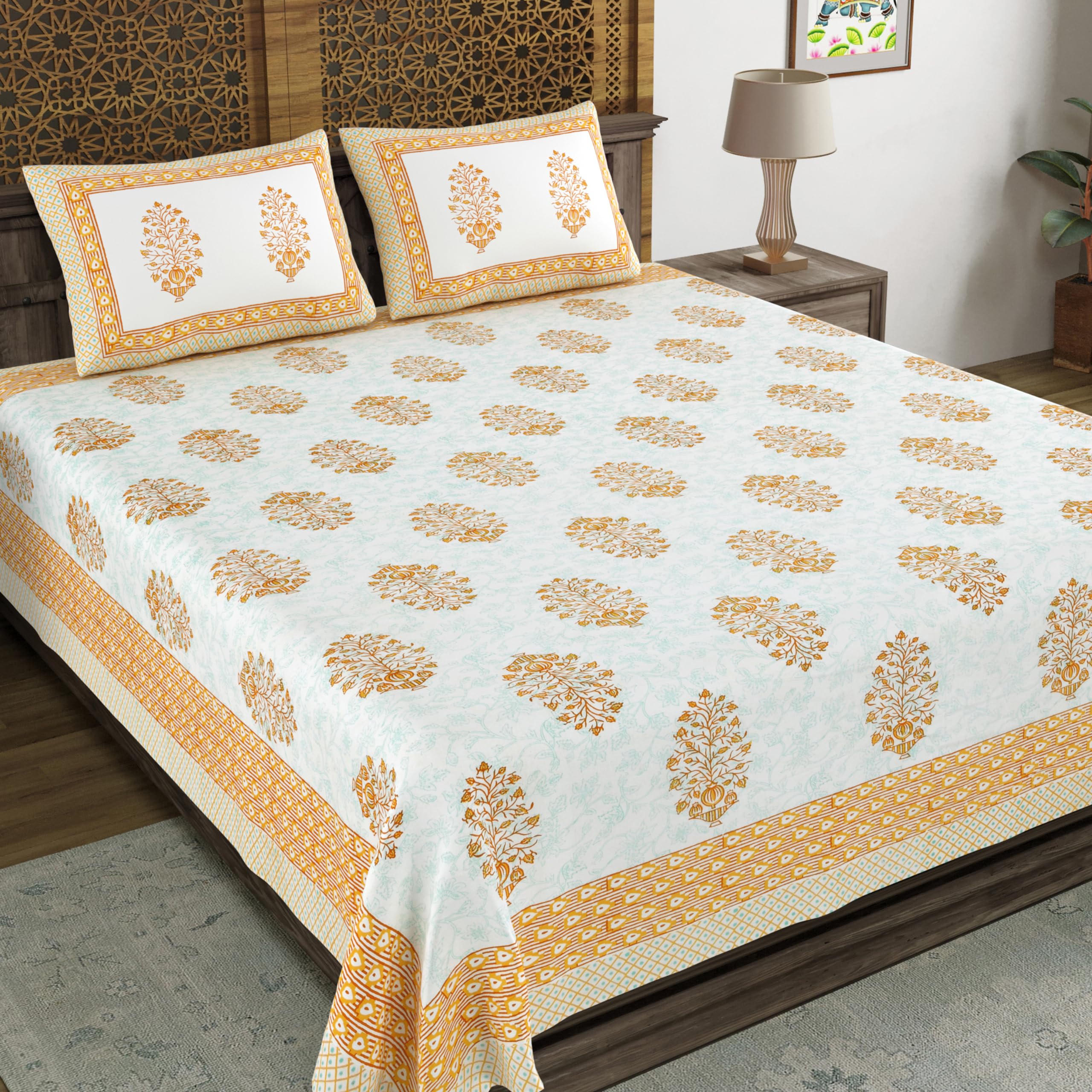 Blocks Of India Hand Block Printed 200 Tc Cotton King Size Bedsheet (Brown Pot)