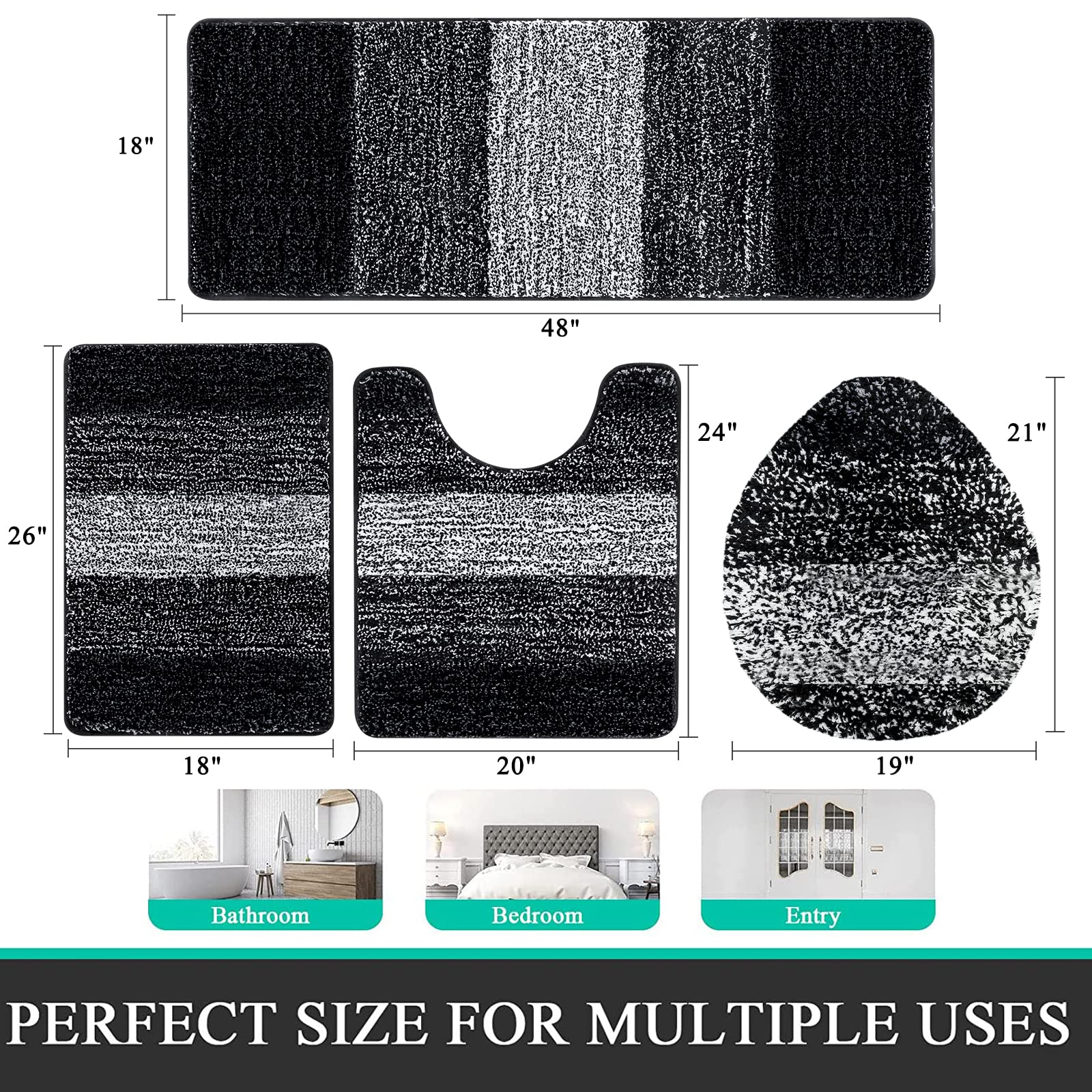 Bsmathom Bath Rug Set 4 Piece With Toilet Lid Cover And Rug Set, Non Slip Bath Mats For Bathroom, Soft Shaggy Absorbent Bathroom