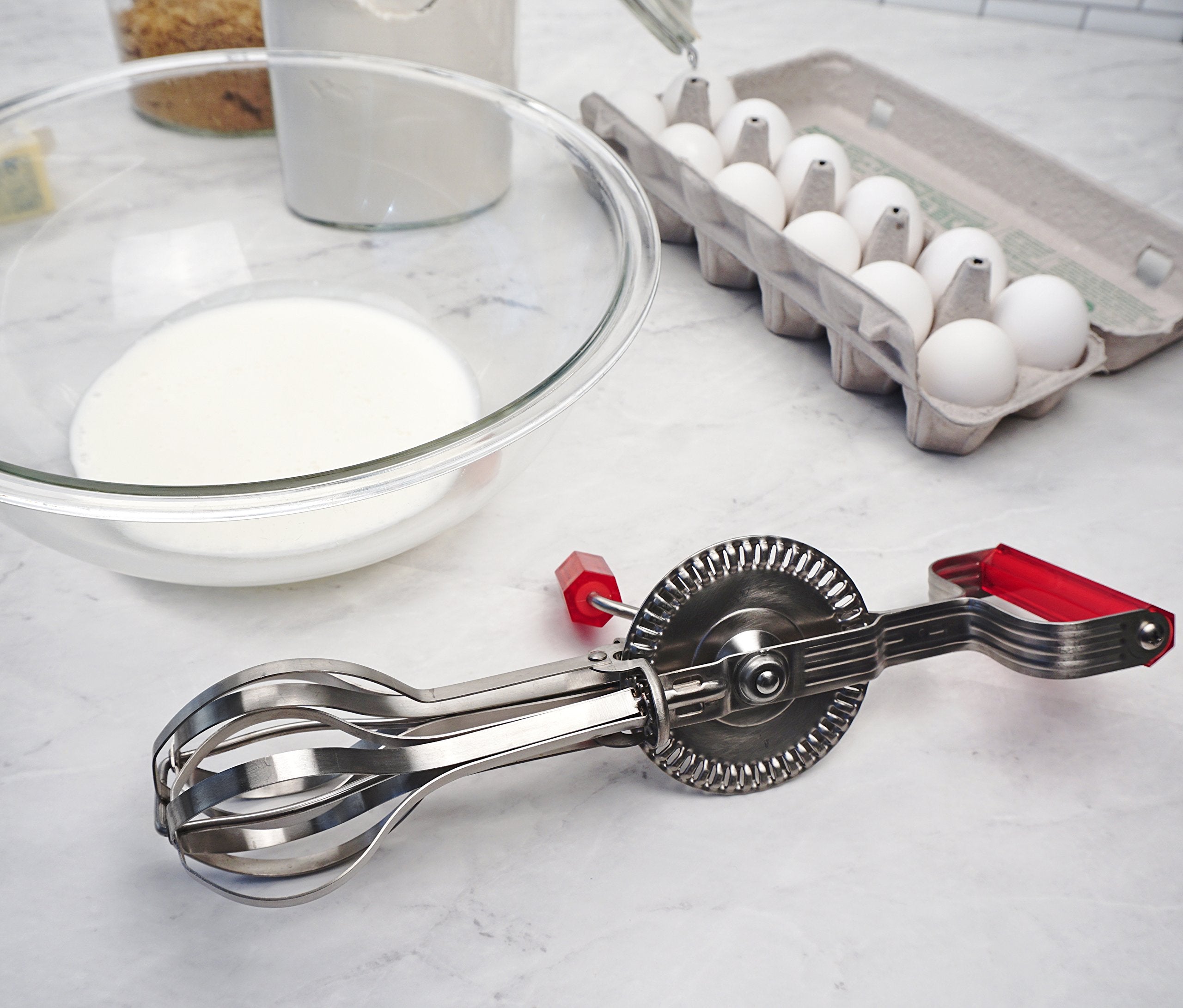 RSVP International Handheld Vintage Egg Beater, 18/8 Stainless Steel, 12.25 Inch, Red, Model 8064, Dishwasher Safe