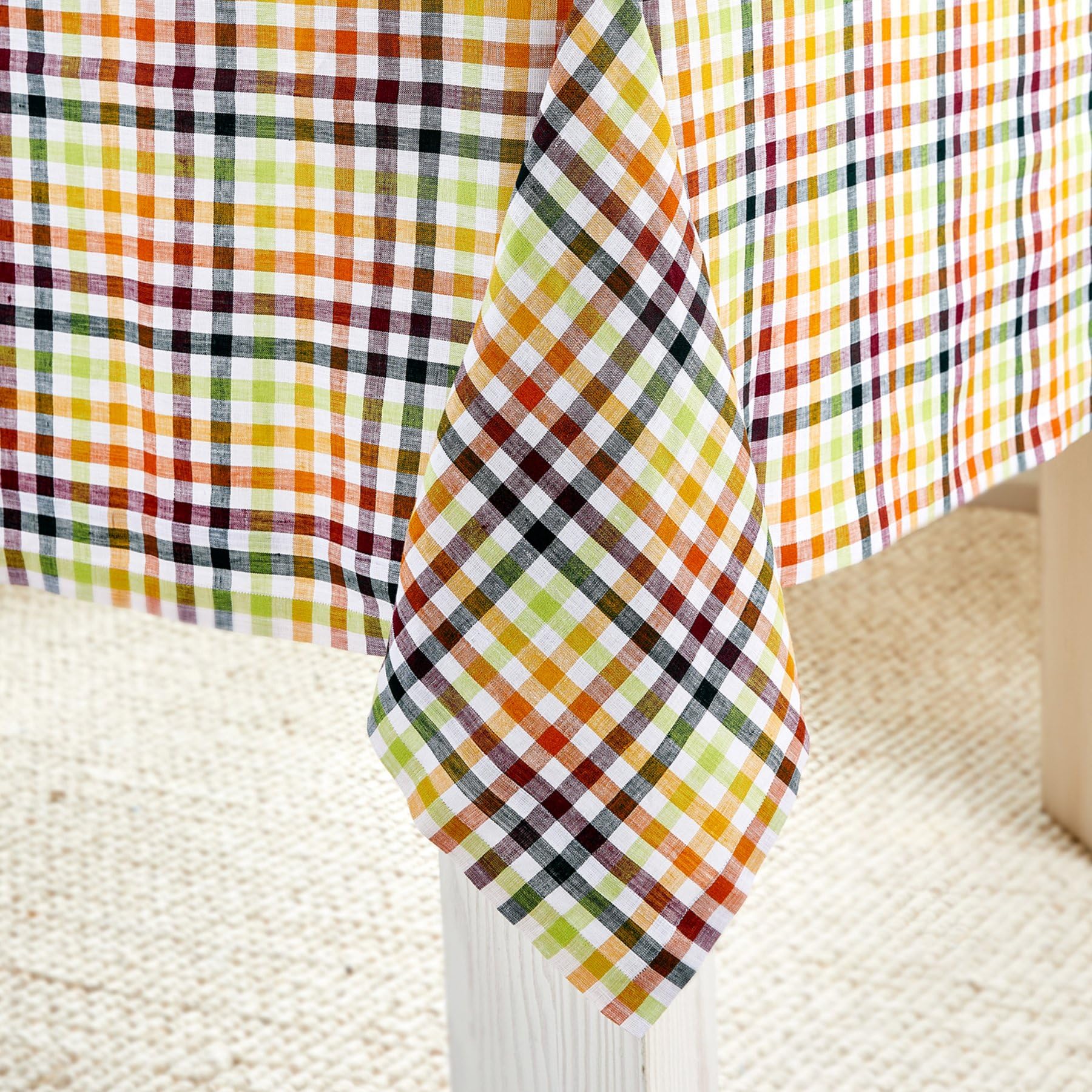 Solino Home Check Linen Tablecloth 120'' L X 60'' W Inch - 100% Pure Linen Multicolor Table Cloth For Rectangle Tables - Gingham