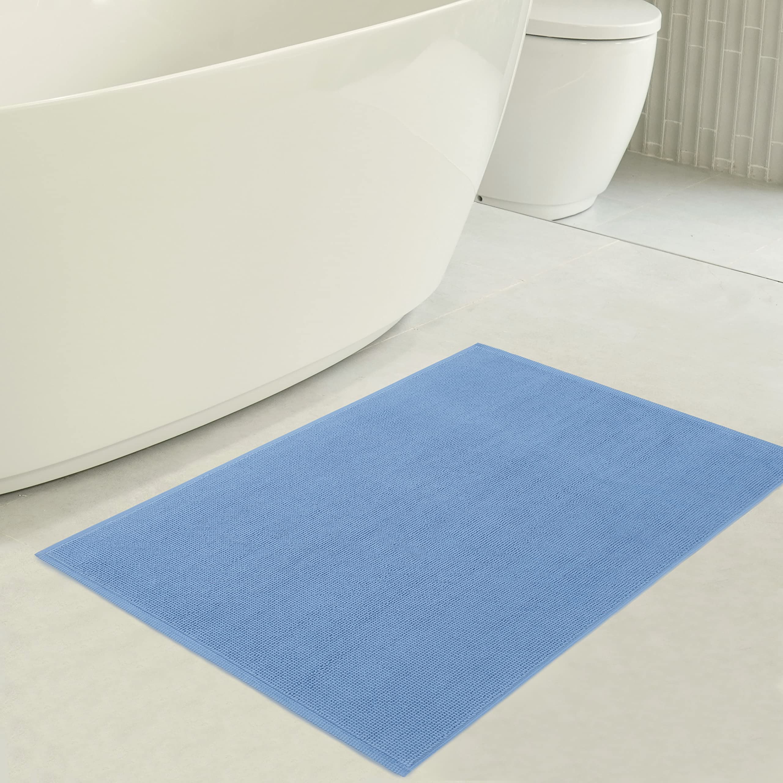 American Soft Linen Bath Rug, 17 In 24 In 100% Cotton Bath Mats Rugs For Bathroom, Non Slip Washable Shaggy Form Area Rugs, Sky