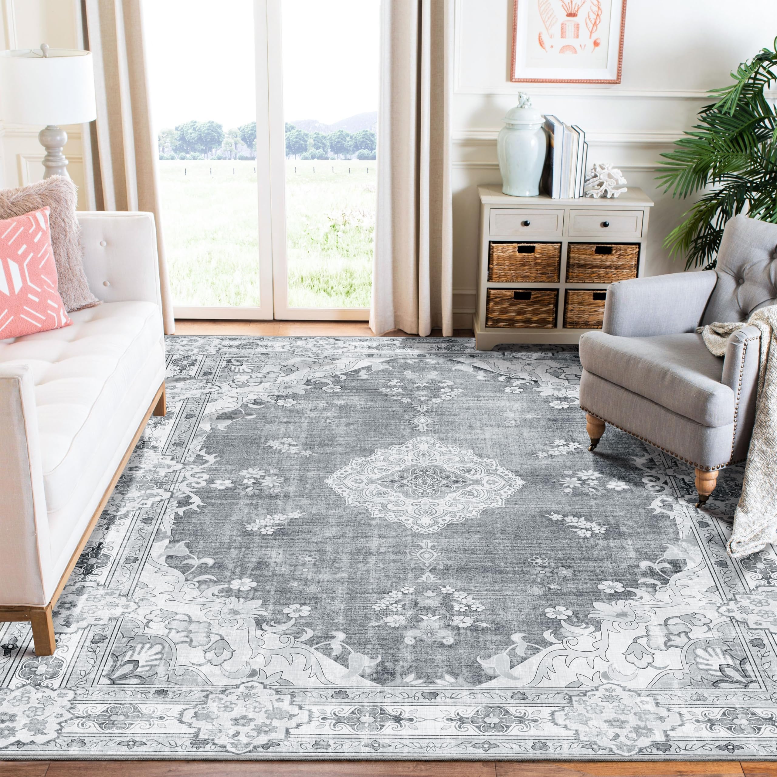 MUJOO Grey Rug 6x9,Washable Area Rugs for Living Room Bedroom Dining Room, Large Boho Vintage Farmhouse Distressed Non Slip Ca