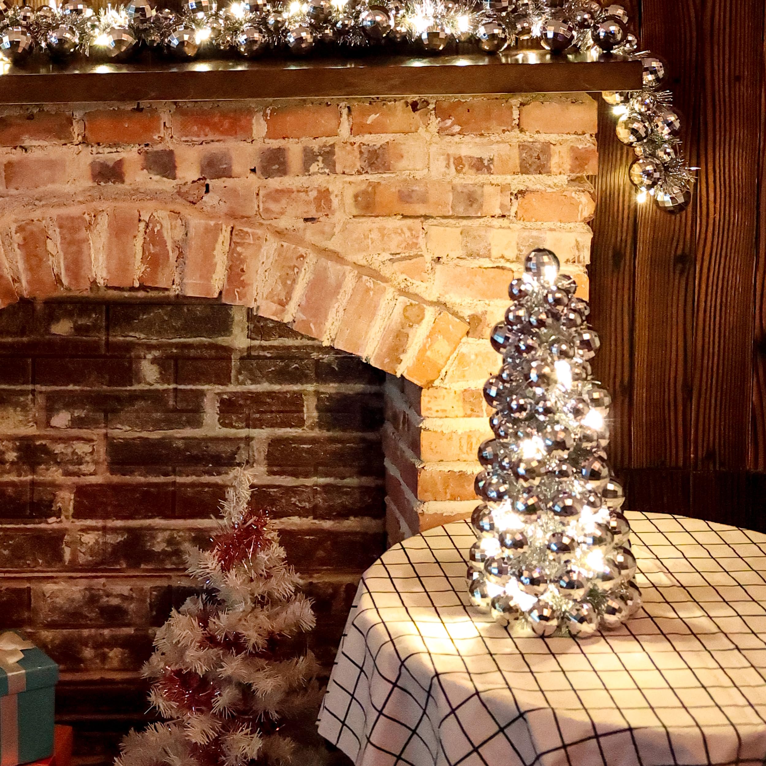 Amooca 16in Christmas Ball Tree with LED Lights Table Centerpiece Fireplace Decor Indoor Holiday Party Home Decoration Silver