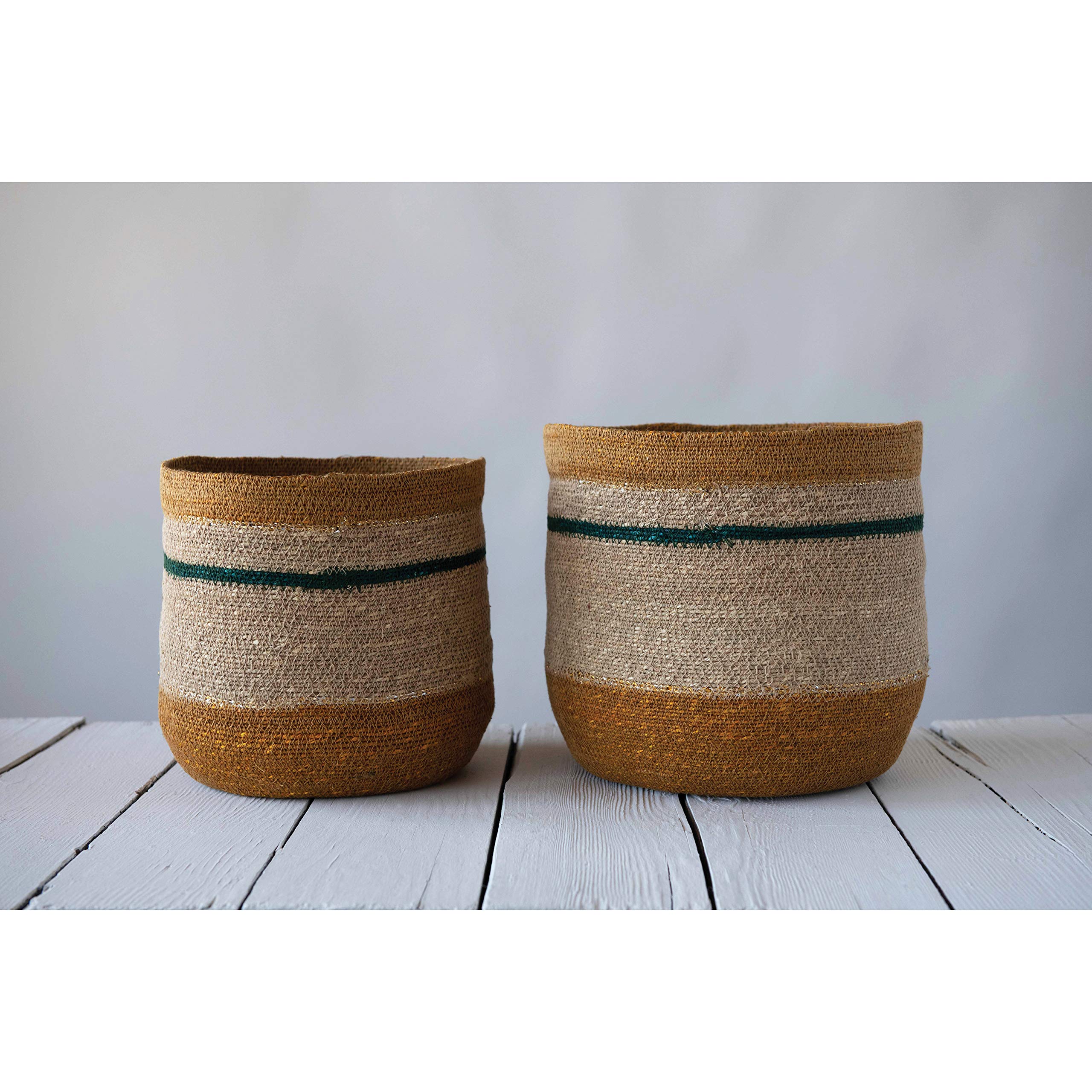 Creative Co-Op Df2462 10.75'' & 12.25'' Handwoven Natural Seagrass Striped (Set Of 2 Sizes) Baskets, Brown