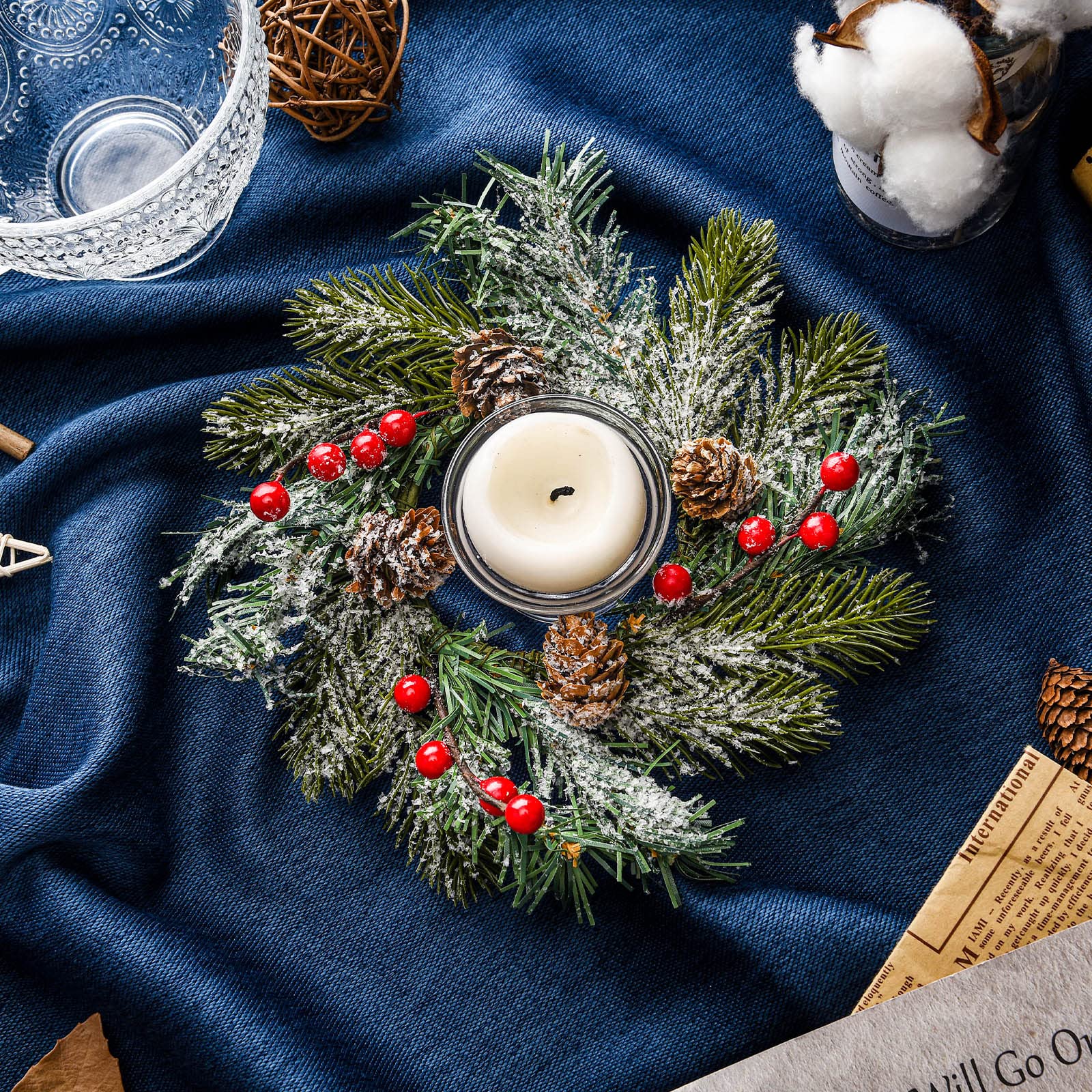 Jexine 12 Pieces Mini Christmas Wreaths for Kitchen Cabinet Small Christmas Candle Rings Wreaths Pillars Candle Rings Table Cent