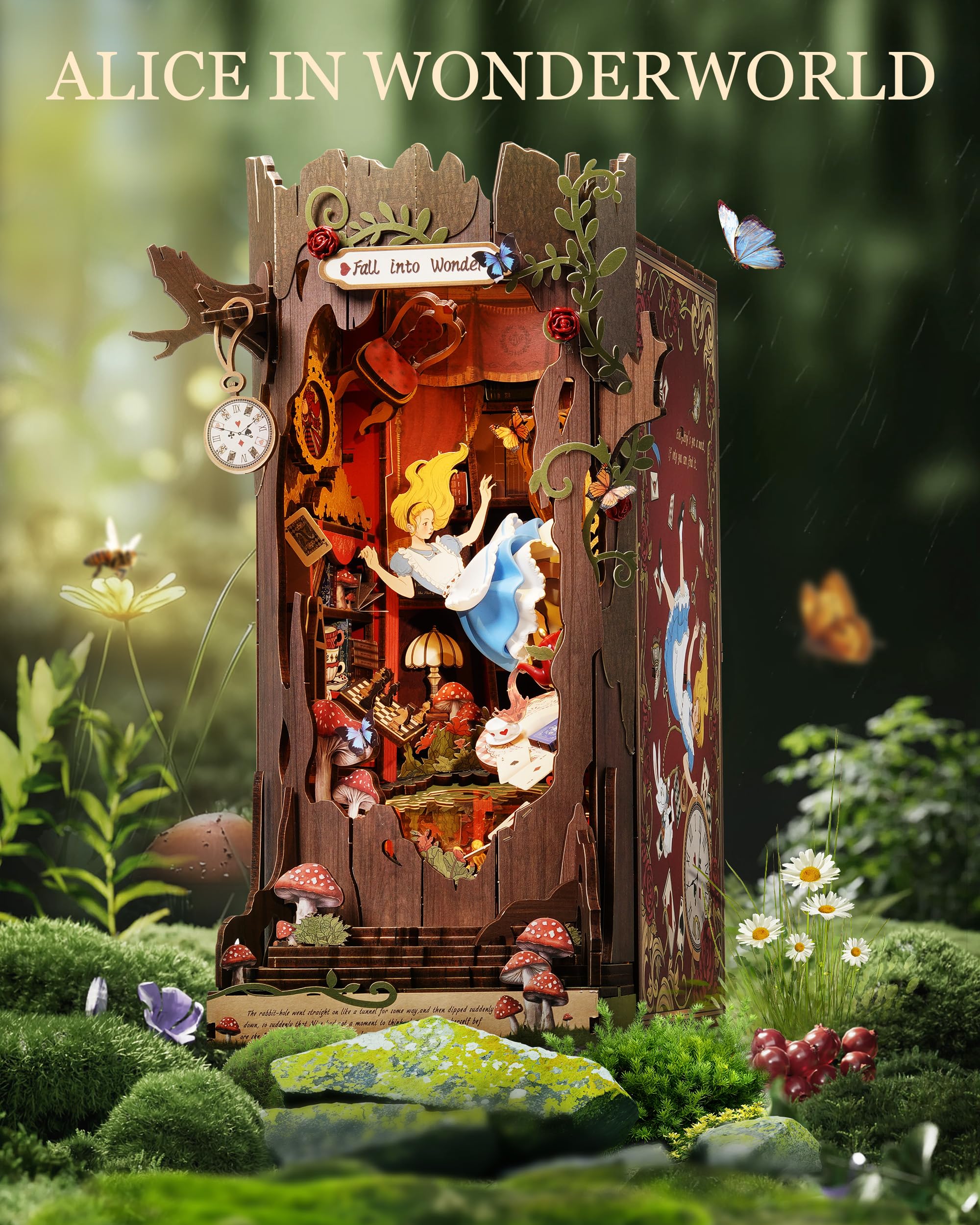 Rolife DIY Book Nook Kits Fall into Wonder, Fairy Tale Bookend Wooden 3D Puzzles for Bookshelf Decor, DIY Miniature House Buildi
