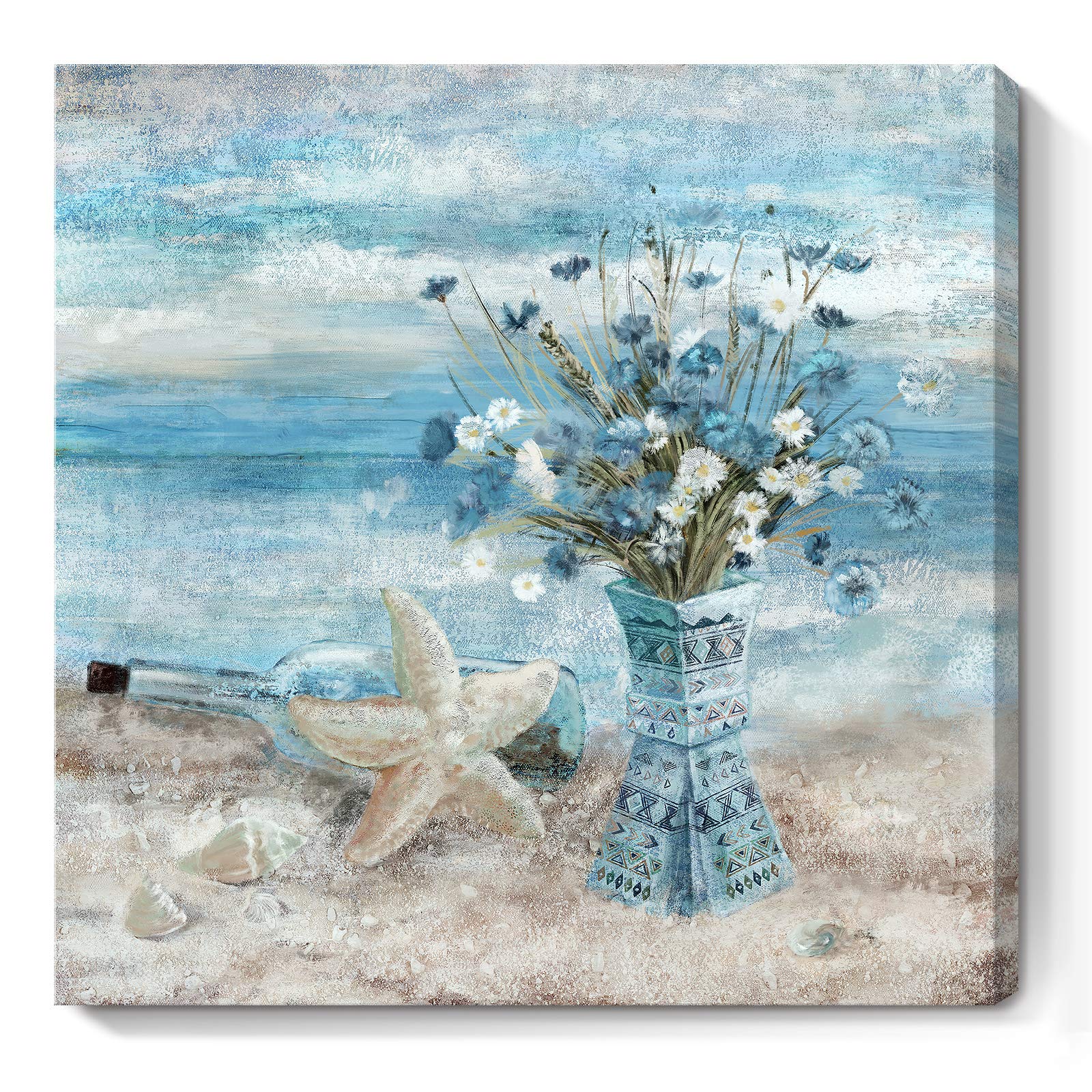 Bathroom Decor Wall Art Blue Beach Picture Ocean Theme Flower Canvas Print Modern Coastal Seascape Painting Framed Seaside Artwo
