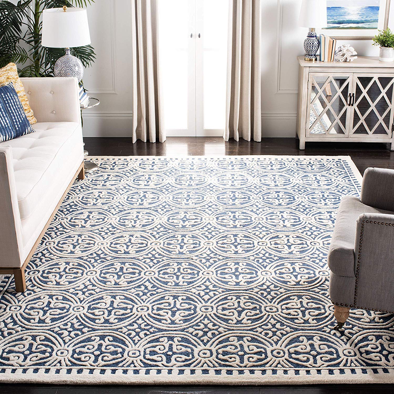 Carpetify Handmade Embossed Woolen Area Rugs & Carpet For Bedroom, Living Room, Kitchen (7X7 Feet Square, Blue & White, Wool)
