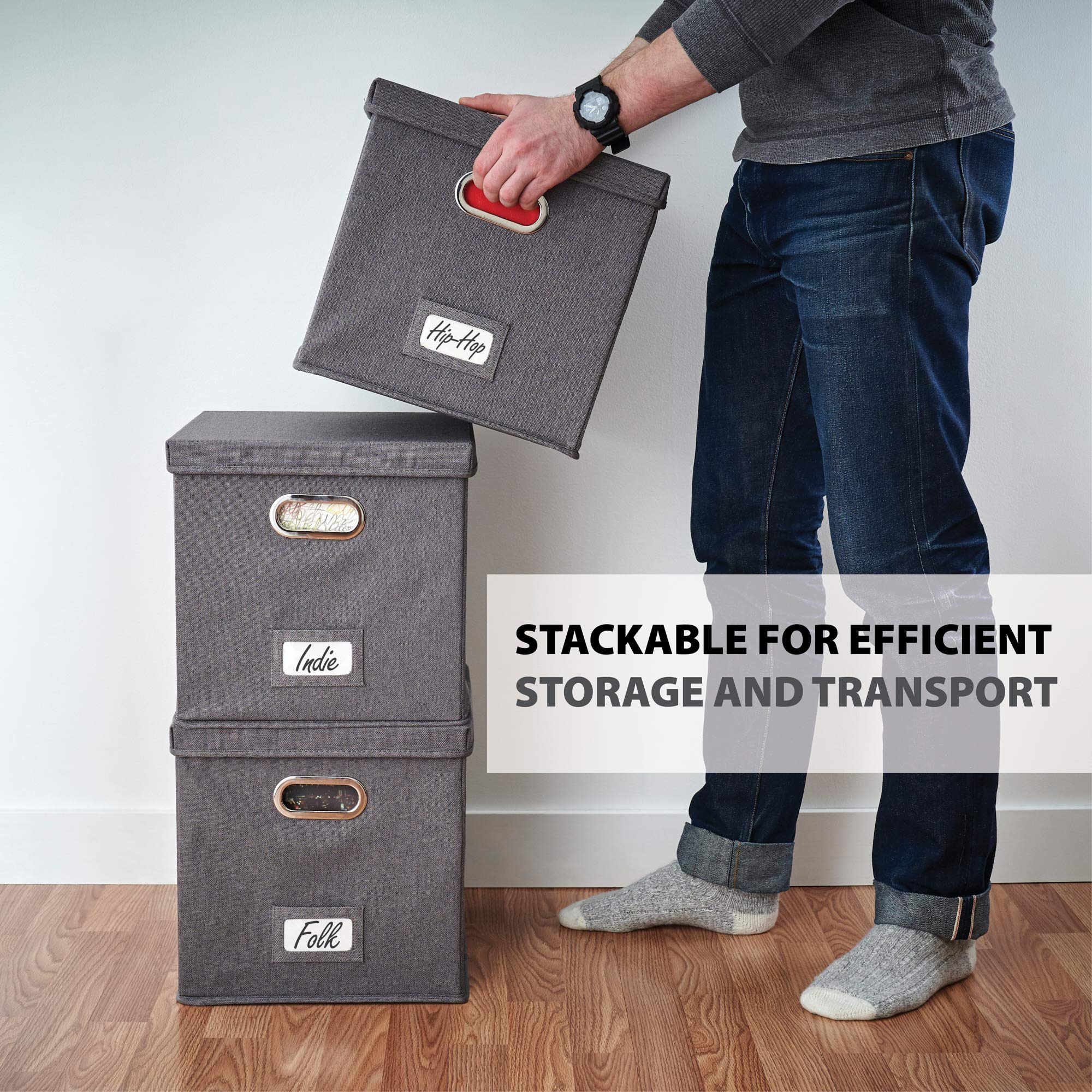 ZICOTO Decorative Vinyl Record Storage Box for 50+ Single Records - Sturdy and Easy to Carry LP Holder with Lid - The Perfect St