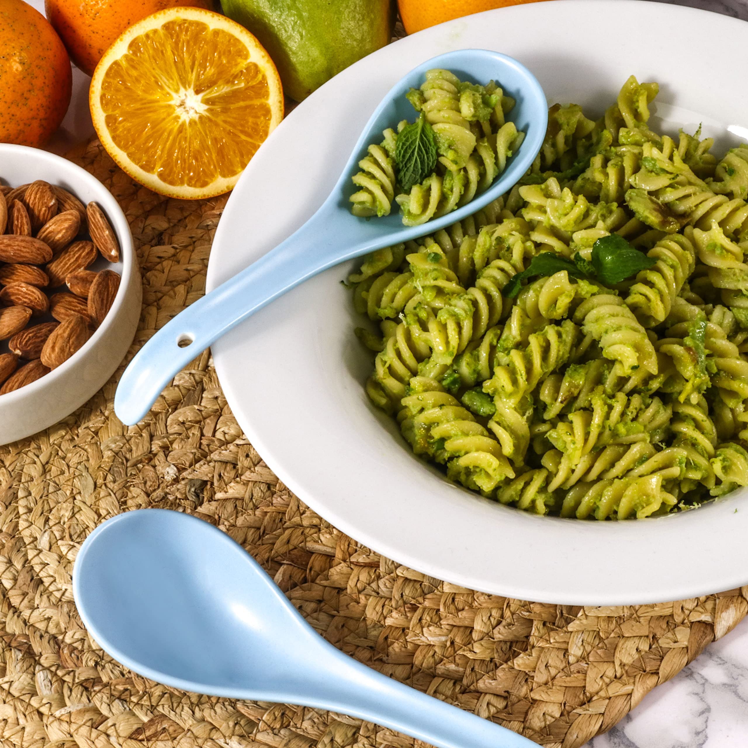 Wareland Asian Soup Spoon Set Of 6, 6.75 Inch Ultra-Fine Ceramic Chinese Soup Spoons, Blue Japanese Soup Spoon For Cereal Stews