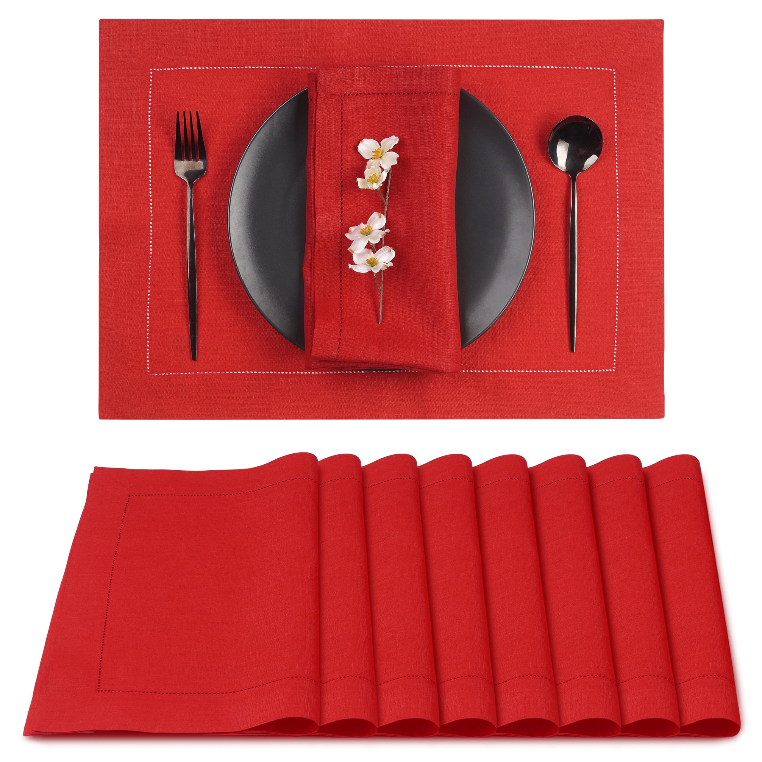 D'Moksha Homes Linen Placemats Set Of 8-100% Pure Linen Bright Red Placemats 14 X 19 Inch - Classic Hemstitch, Washable Bright R