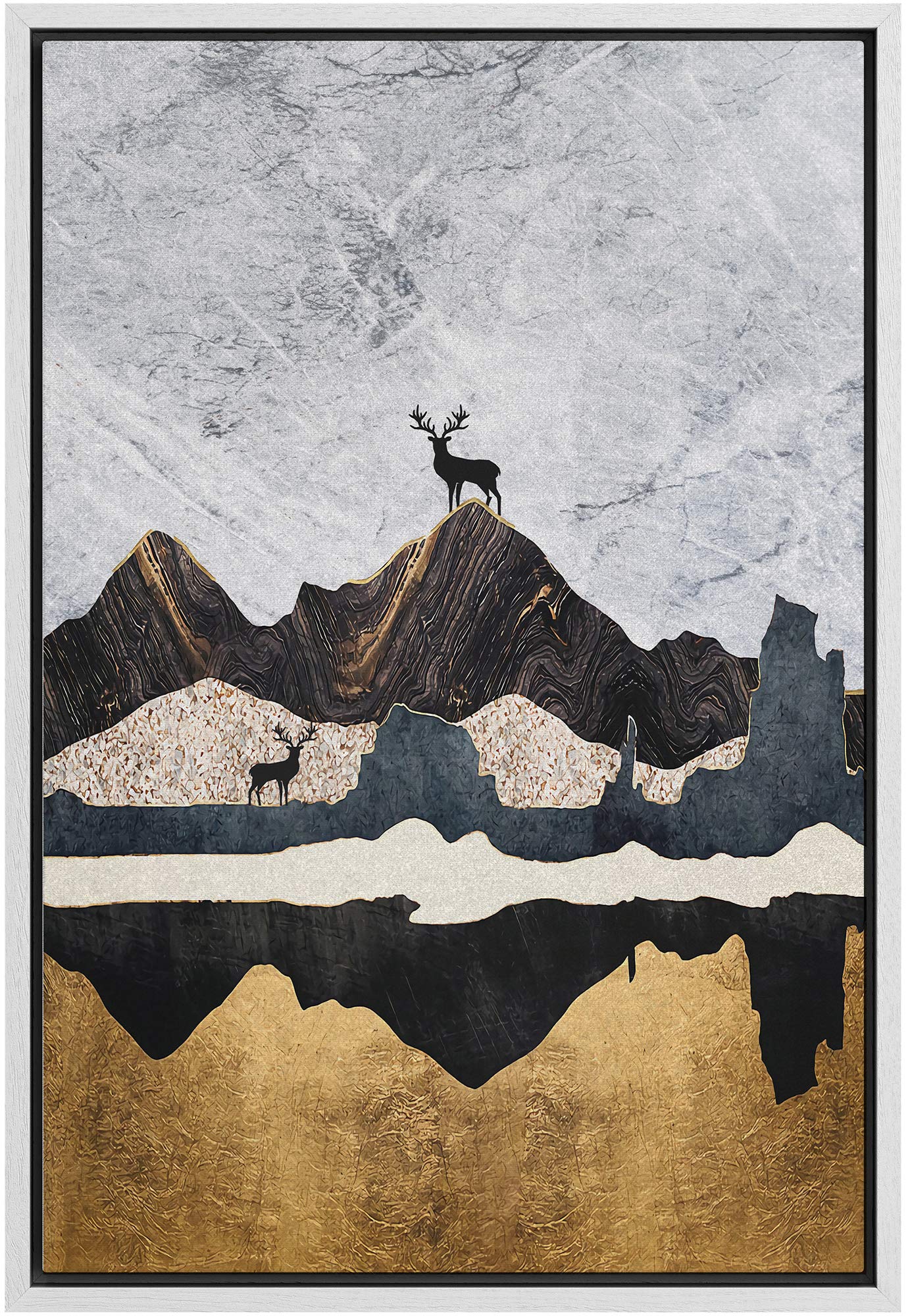 Signford Framed Canvas Print Wall Art Elk Duo On Dark Marble Effect Mountains Abstract Wilderness Illustrations Modern Art Conte