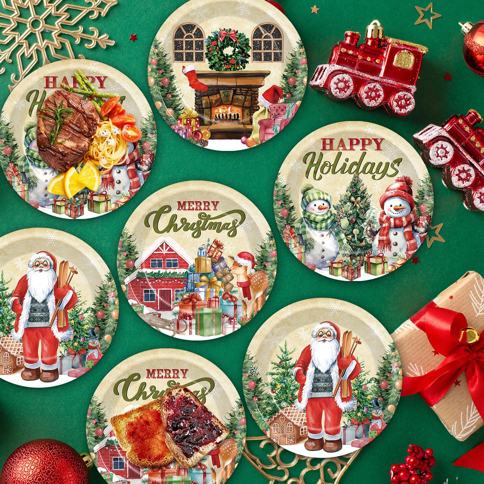 OBUSATT 100 Pcs Christmas Xmas Paper Plates Party Decorations Snowman Plates 7inch Disposable Christmas Tree Santa Dinner Plates