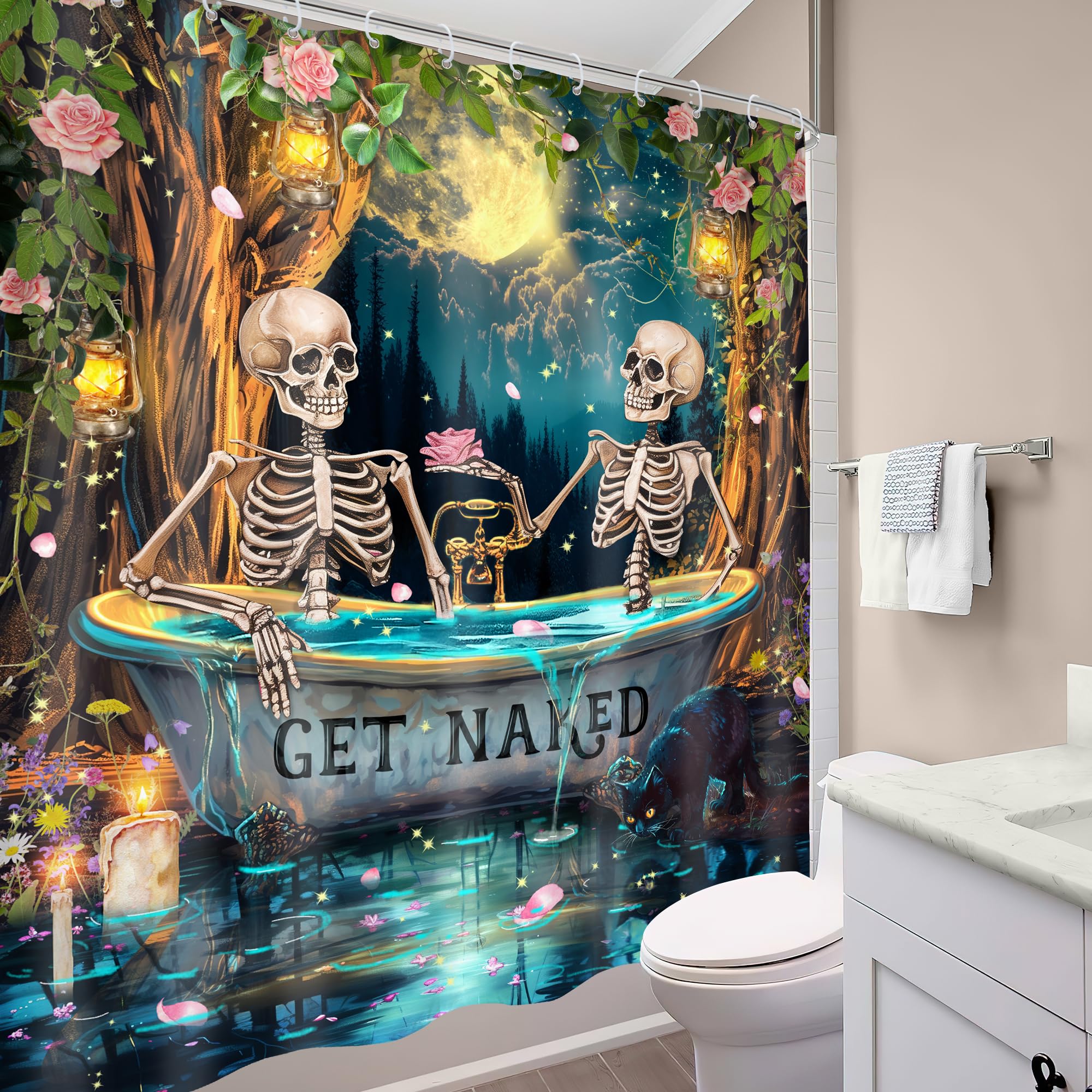 Mitpok Gothic Skull Skeleton Shower Curtain 72Wx72H Funny Spooky Witchy Halloween Moon Night Retro Floral Tree Bathroom Decor My