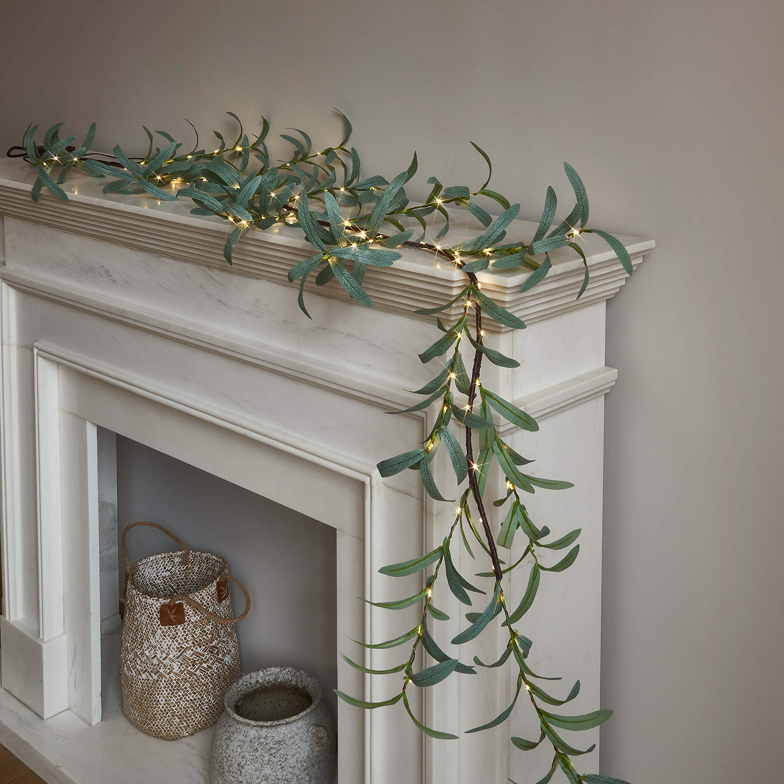 LITBLOOM Lighted Olive Garland Battery Operated with Timer 96 Fairy Lights 6FT, Artificial Greenery Twig Vine Lights for Christm