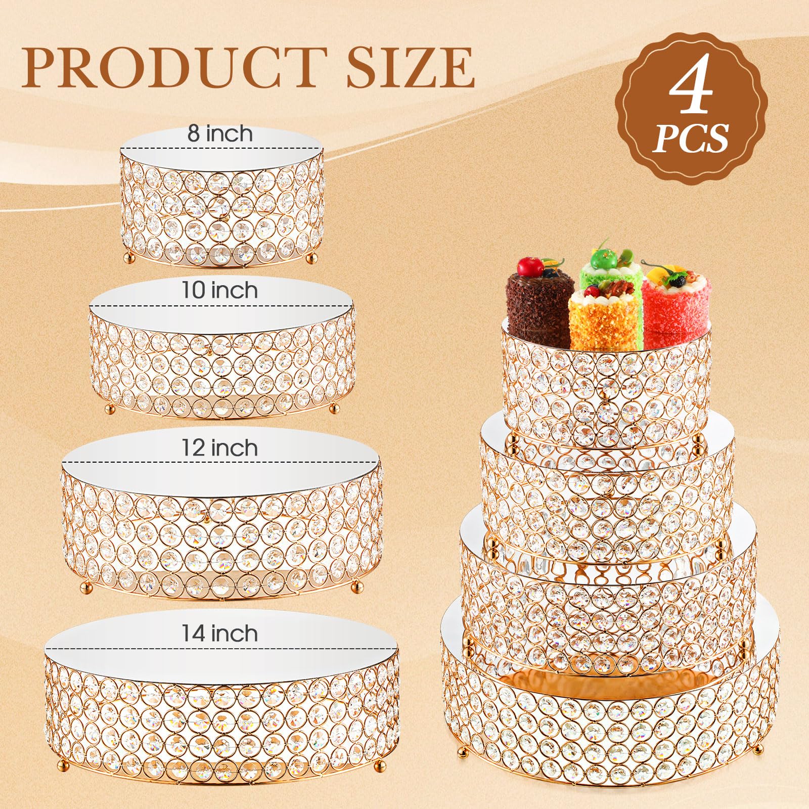 Uiifan 4 Pcs Crystal Gold Cake Stand Set 4 Size Elegant Round Dessert Display Stand Metal Cupcake Stand With Mirror Plate Crysta