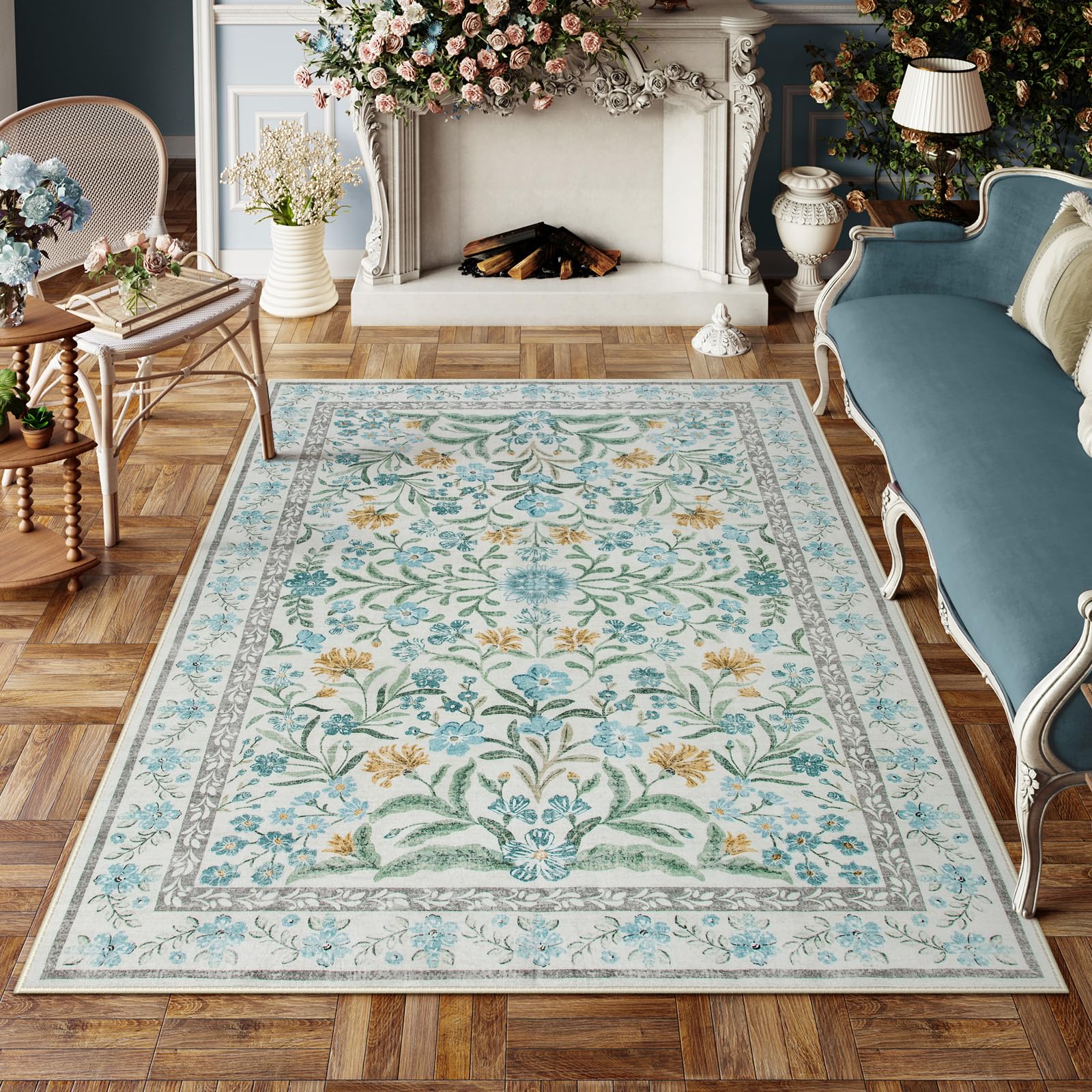 Lahome Blue 5x7 Area Rugs for Living Room, Boho Floral Washable Girls Bedroom Rug, Soft Retro Non-Slip Nursery Rugs for Kids Roo