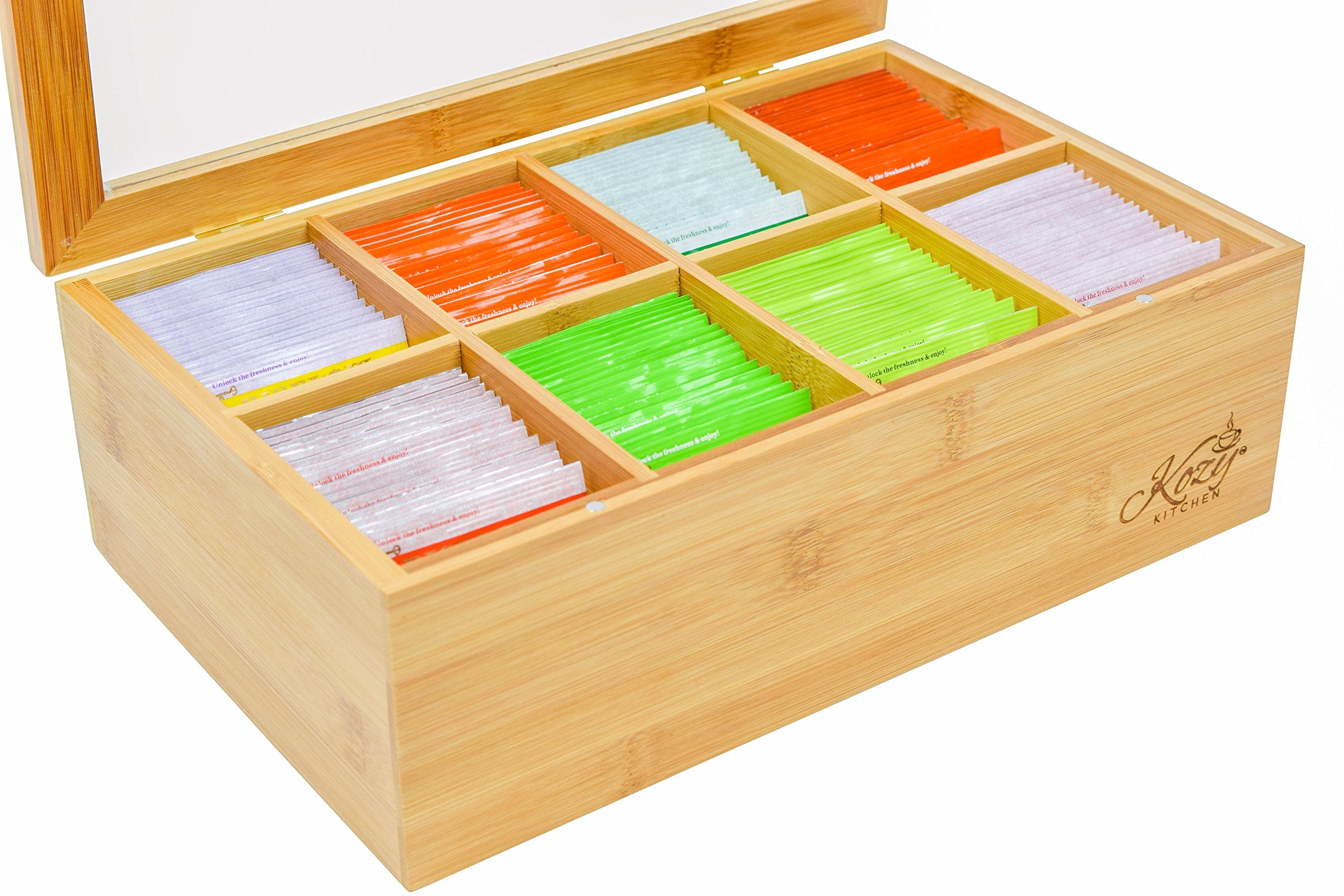 Kozy Kitchen Tea Box Storage Organizer| Large 8-Storage Compartments And Clear Shatterproof Hinged Lid Tea Chest|Enhanced Organi