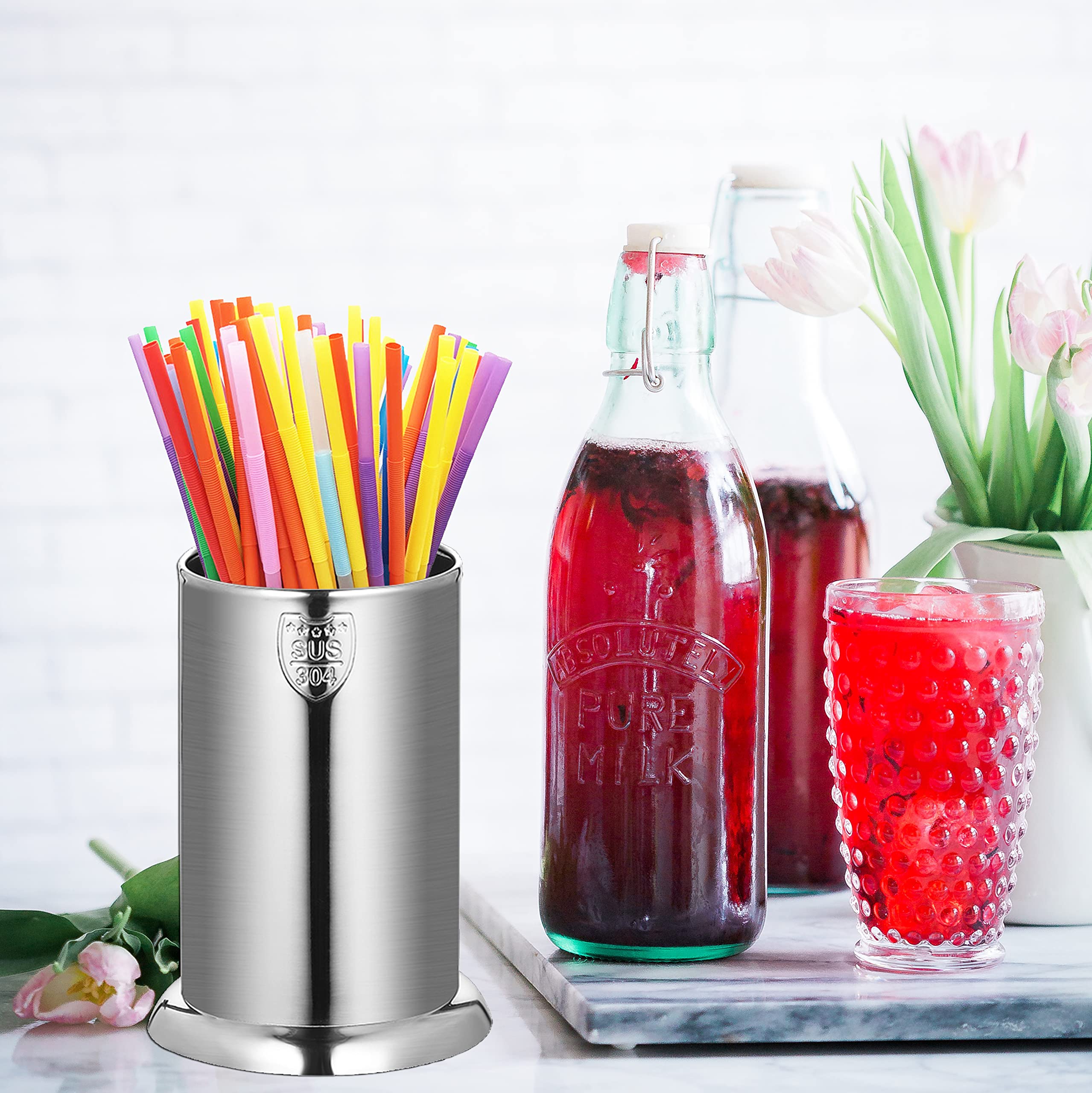 304 Stainless Steel Straw Holder, Counter-Top Straw Dispenser, Cutlery Organizer, Spoons Forks Chopsticks Storage