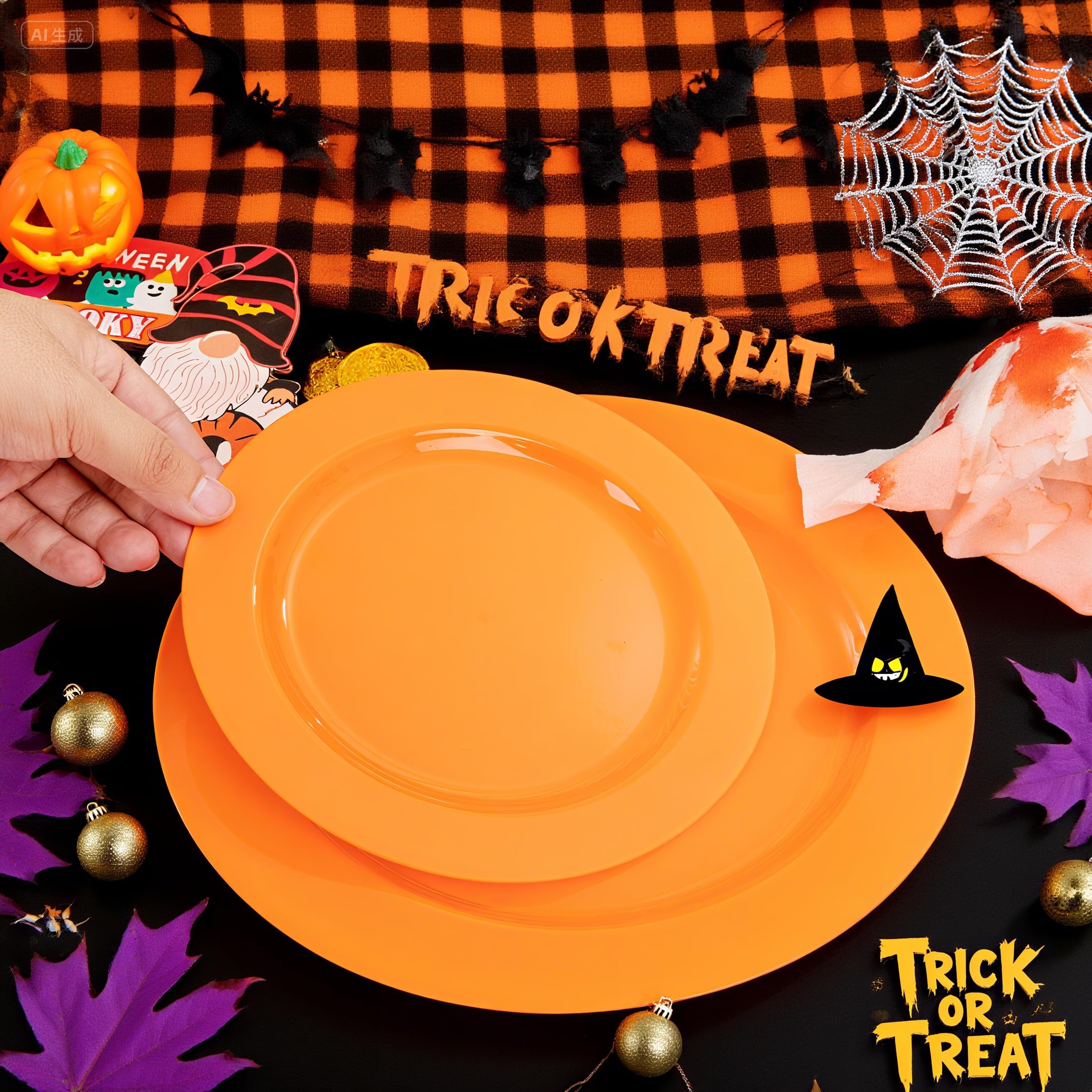 FLOWERCAT 60PCS Orange Plates - Heavy Duty Orange Plastic Plates Disposable for Halloween/Thanksgiving Party - Include 30PCS 10.25inch Orange Dinner Plates and 30PCS 7.5inch Orange Dessert Plates