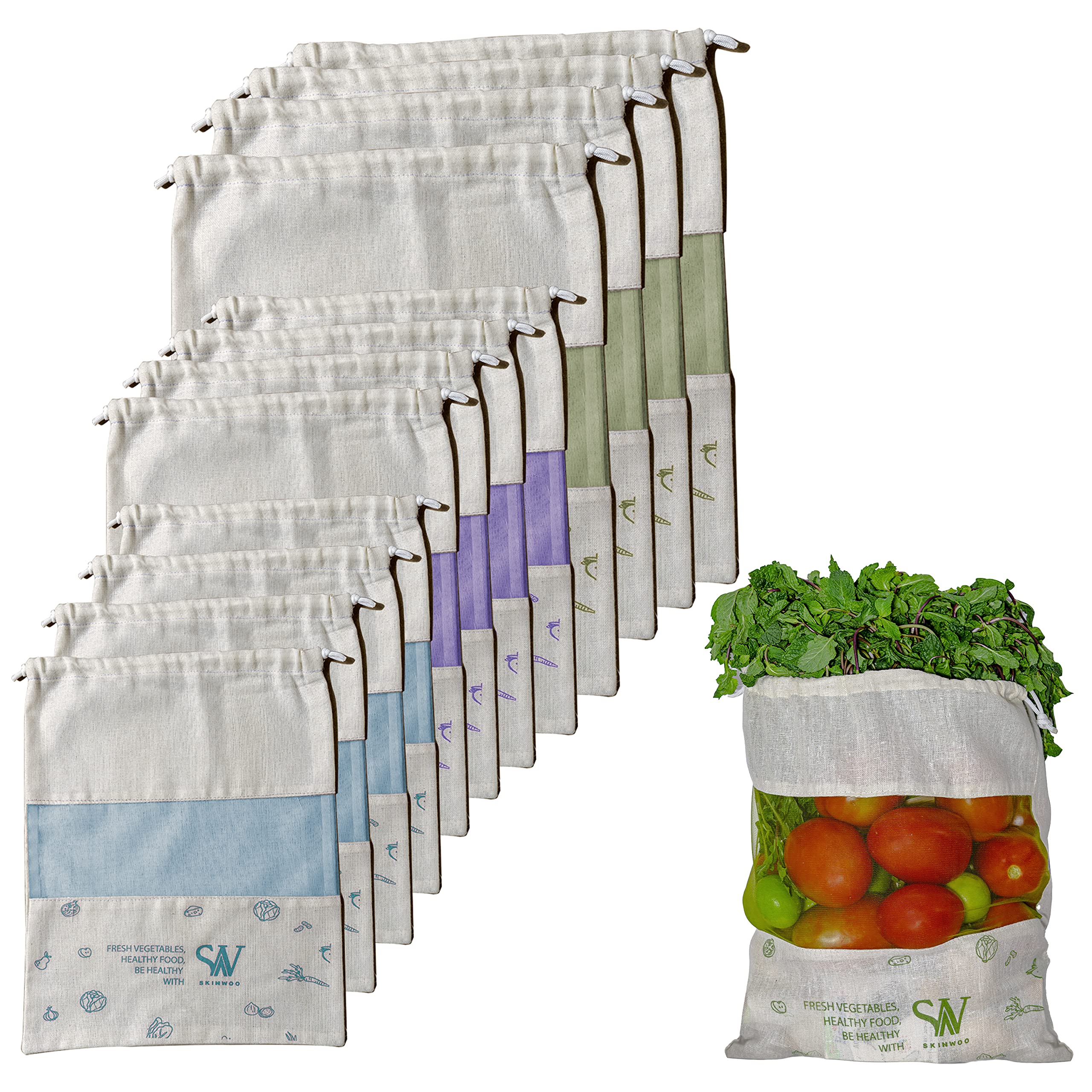Skinwoo Set of 12 Organic Cotton Reusable Vegetable Bag for Fridge/Eco Friendly Storage Bags | Perfect for Fruits, Vegetables, P
