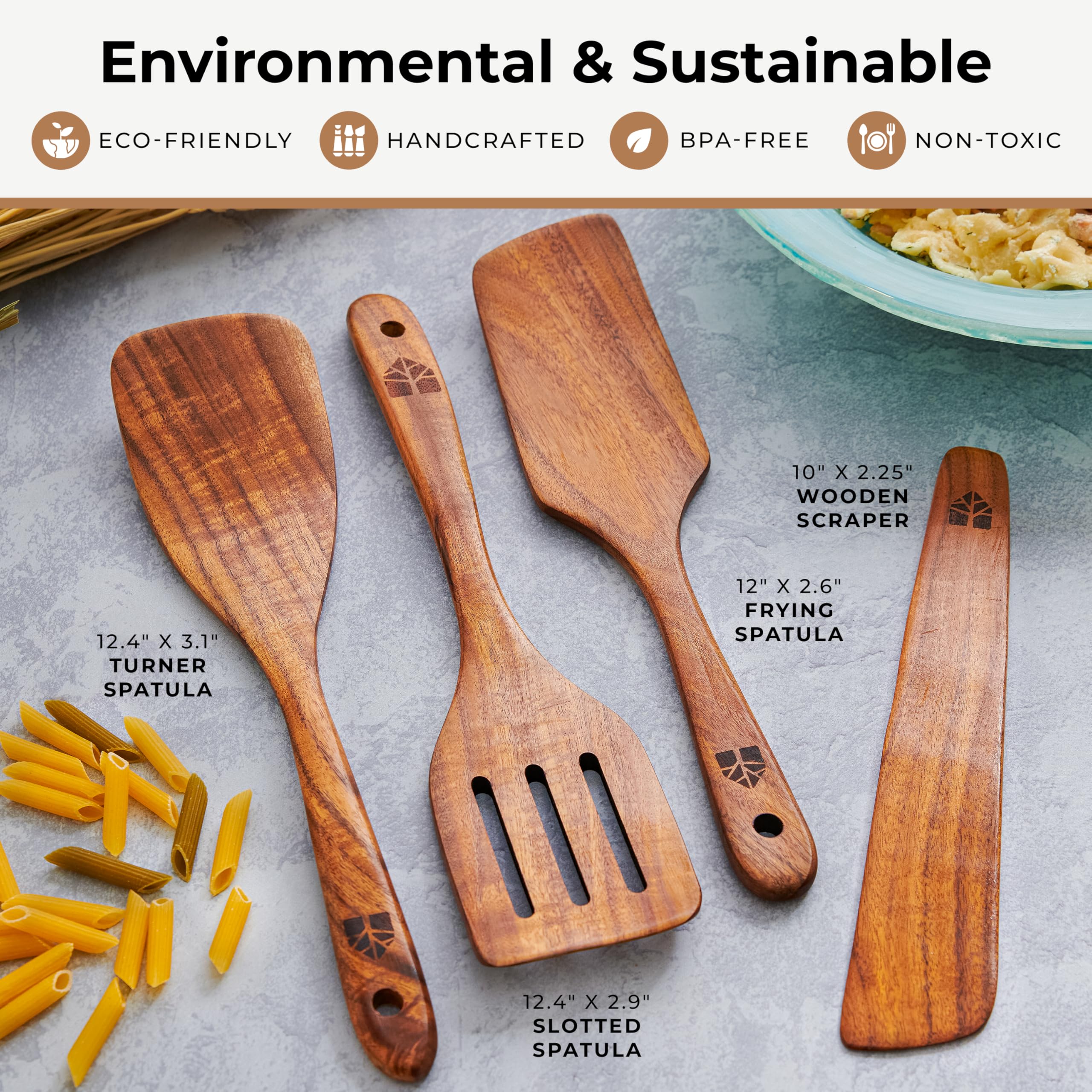 Wooden Spatula for Cooking  Kitchen Set of 4  Natural Teak Wooden Utensils including Paddle  Turner Spatula  Slotted Spatula and Wood Scraper. Nonstick cookware.