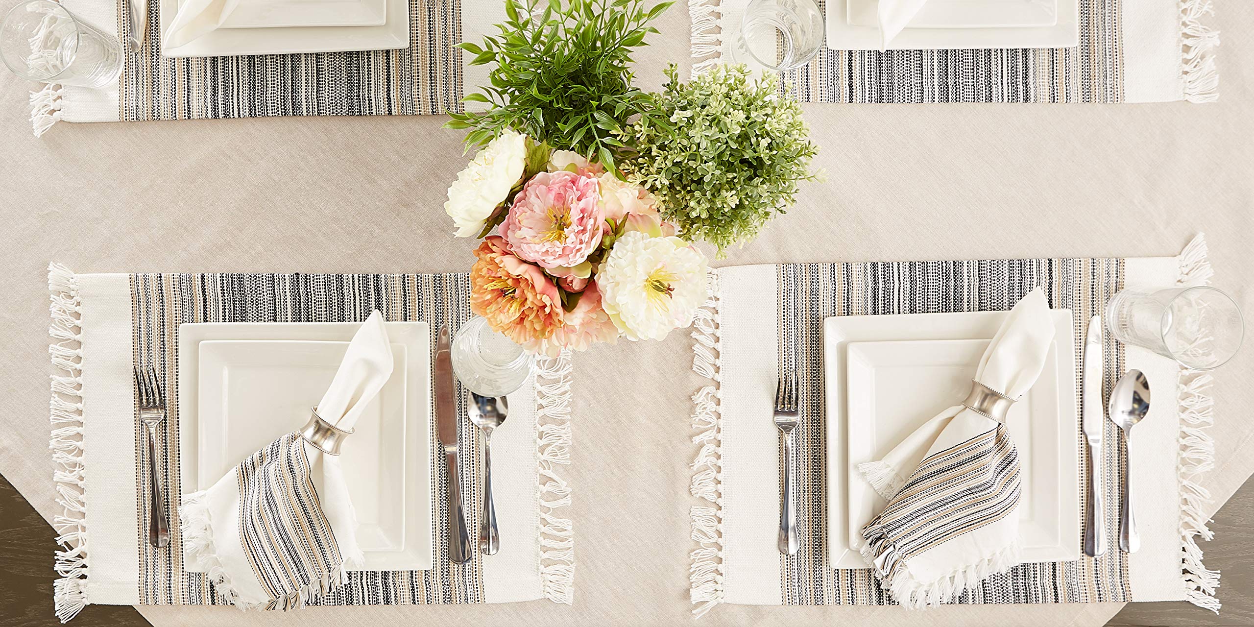 DII Everyday Collection  Fringed Stripe Tabletop  Placemat Set  Black  6 Piece