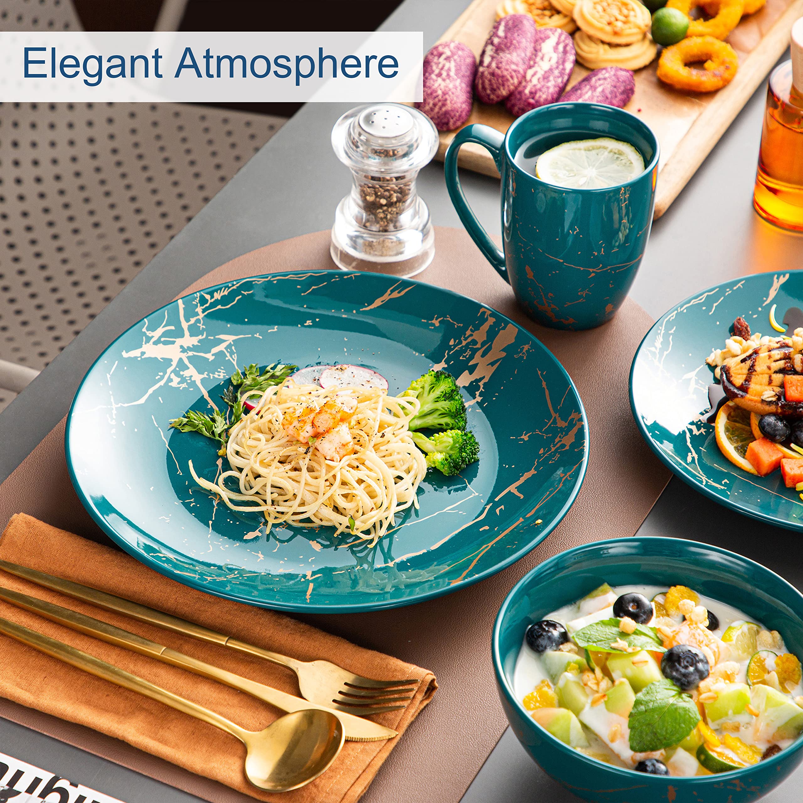 LOVECASA Porcelain Dinnerware Set for 4, 16 Piece Plates and Bowls Sets Color Glaze with Gold Plate Dish Set, Kitchen Dinner Set