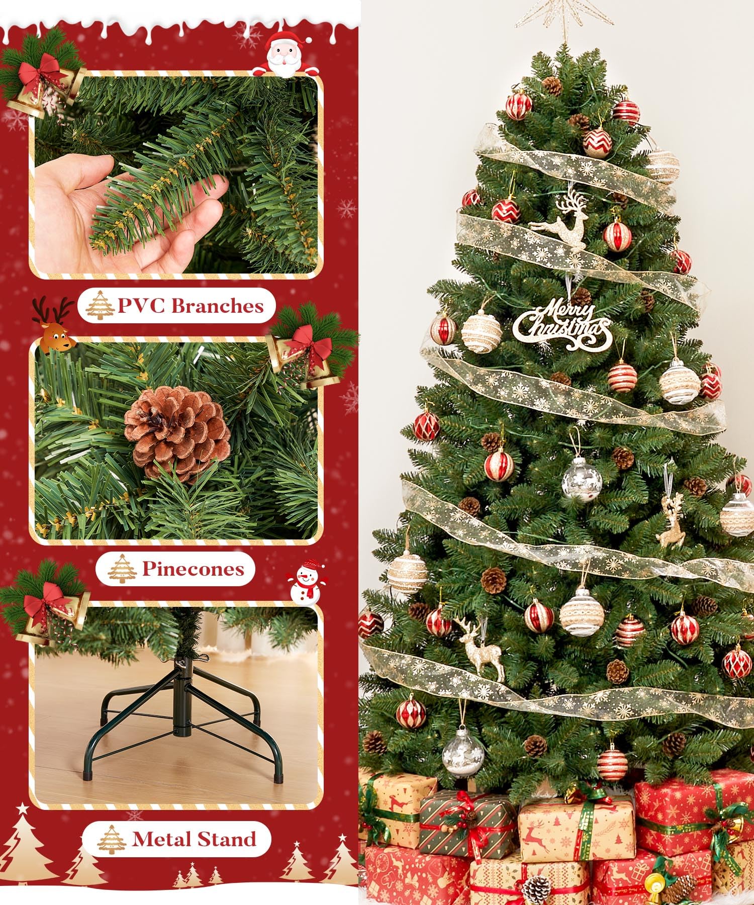 Decoway 5FT Artificial Christmas Tree: Unlit Green Xmas Pine with Pinecones and Metal Stand for Indoor - Holiday Decoration for