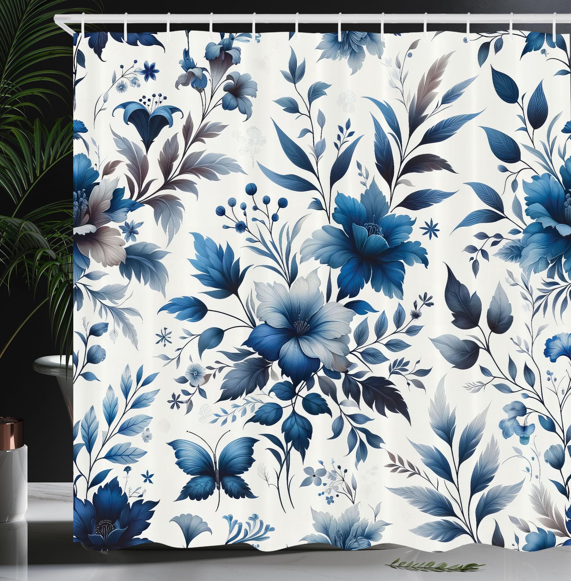 Ambesonne Blue Shower Curtain, Watercolor Flowers Berry Branches Leaves Folk Inspired Floral Motifs, Cloth Fabric Bathroom Decor