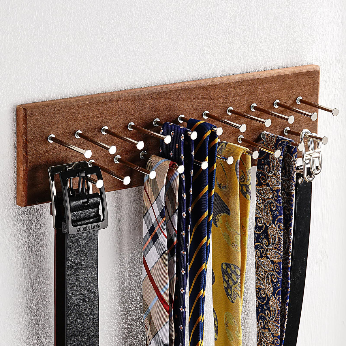 Treehouse London Tie Rack Organizer - Holds 40 Large Ties - Solid Wood & Sturdy Metal Storage Holder For Closet - Wall Mounted T