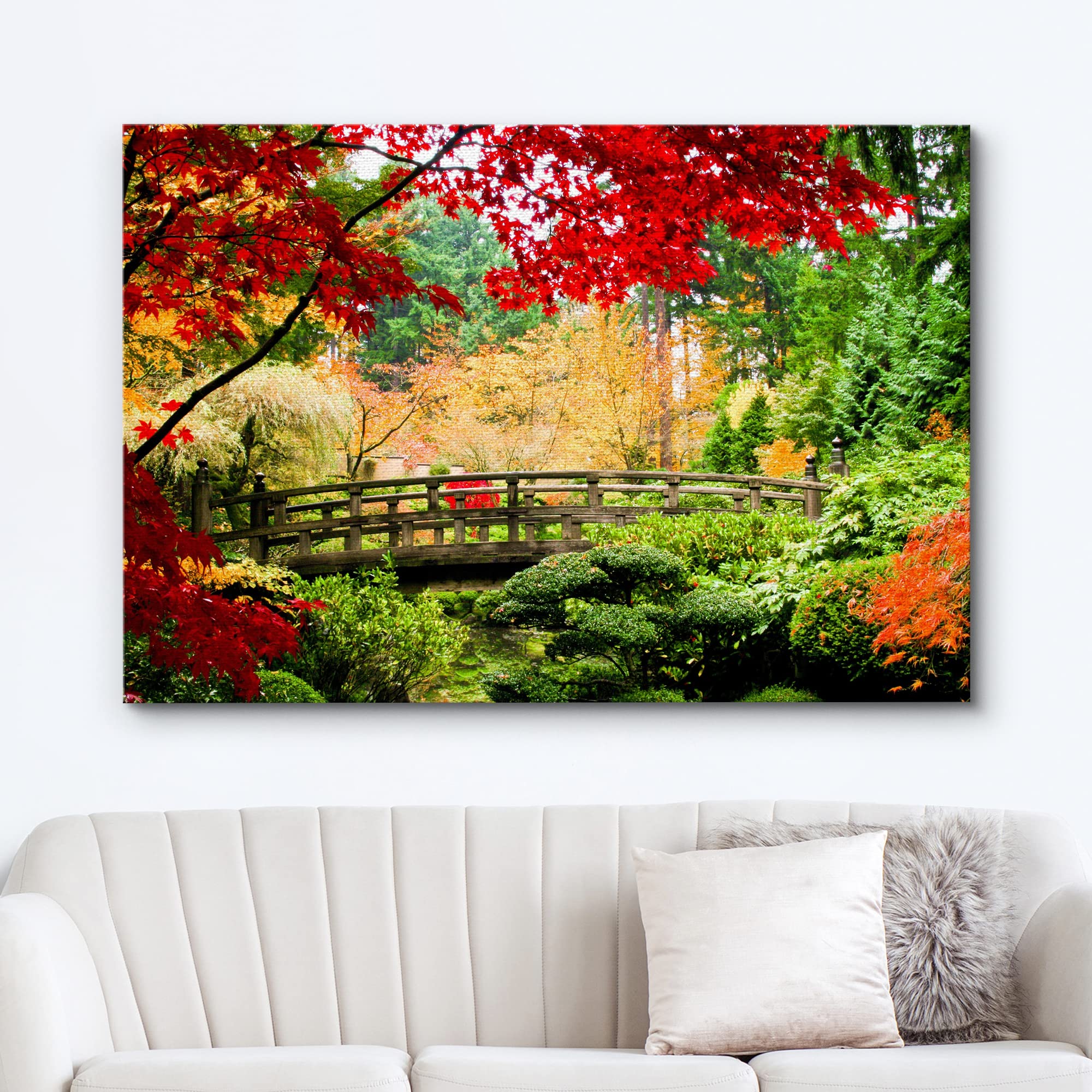 Wall26 Canvas Print Wall Art Asian Style Bridge In Autumn Fall Forest Nature Wilderness Photography Modern Art Rustic Scenic Col