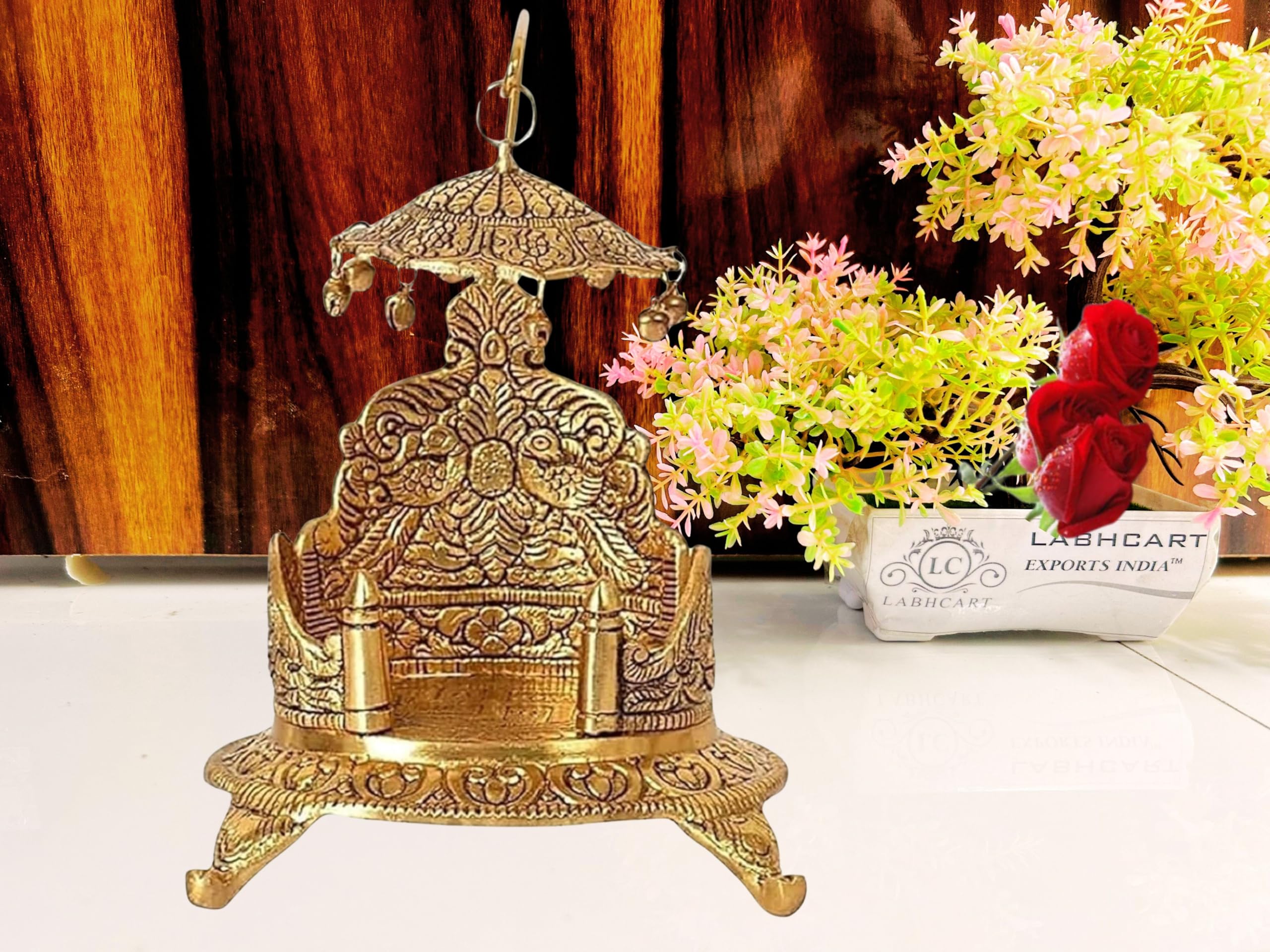 Labhcart Decorative Brass Singhasan Throne With Umbrella, Traditional Indian Temple Design, Antique Gold Finish