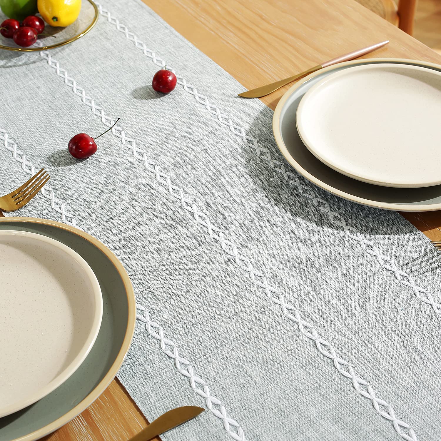 Rustic Farmhouse Style Linen Table Runner, Boho Handmade Tassel Embroidery Table Runners 60 Inches Long For Holiday Party, Dress