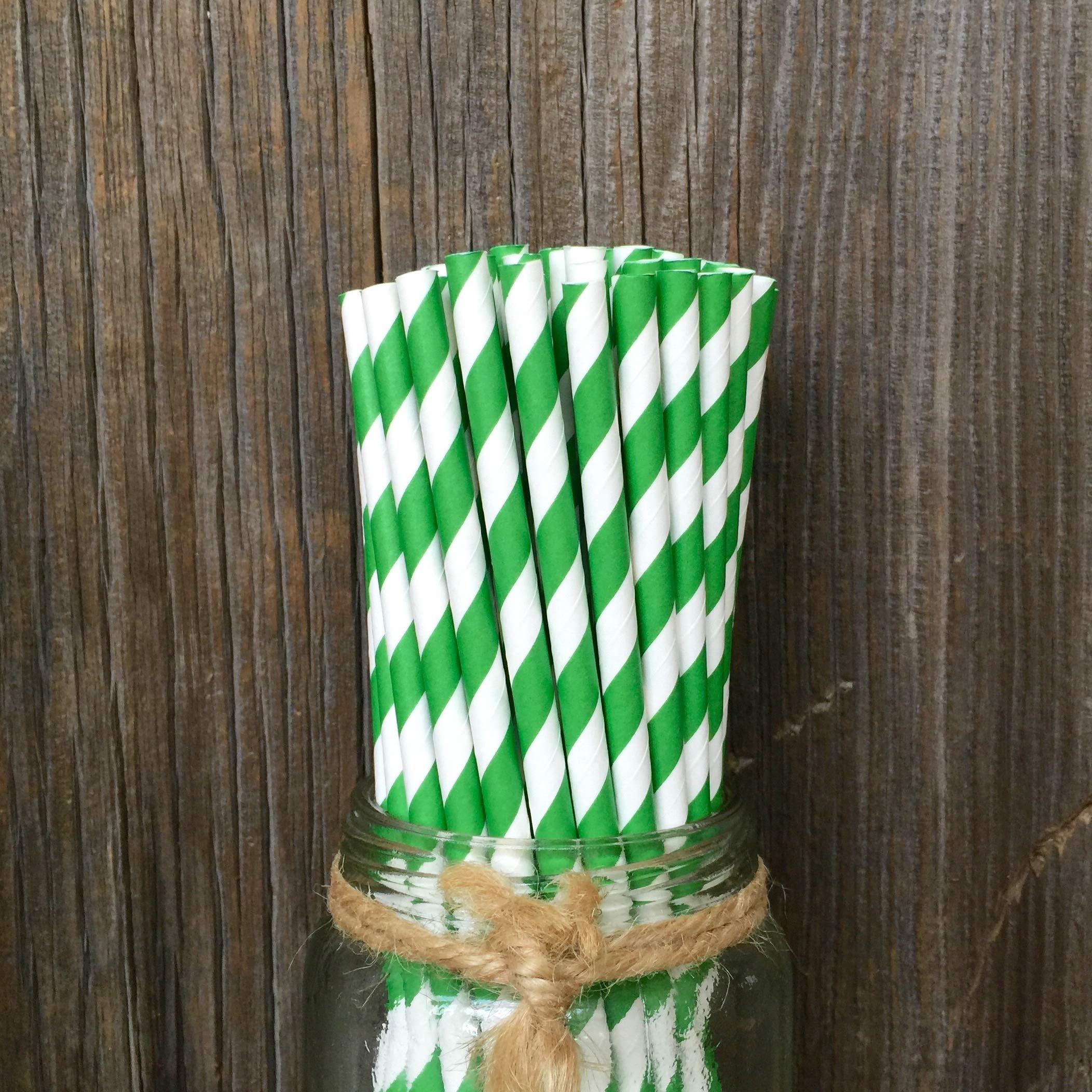 Green Striped Paper Straws - Green White Stripe - Christmas St Patrick'S Birthday Supply - 7.75 Inches - 50 Pack