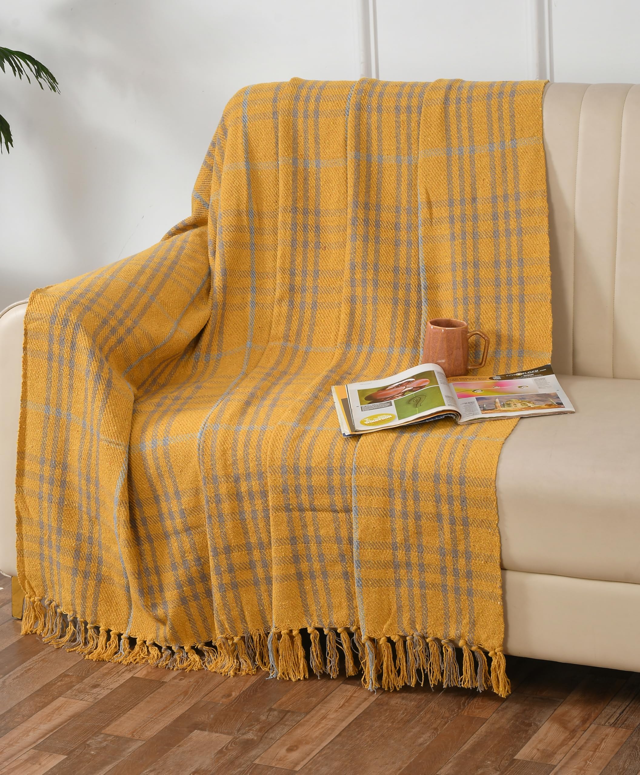 Sashaa World Soft Check Throw Blanket | Used Both Indoor And Outdoor |Blanket For Living Room, Sofa, Bed & Chair | Mustard Throw