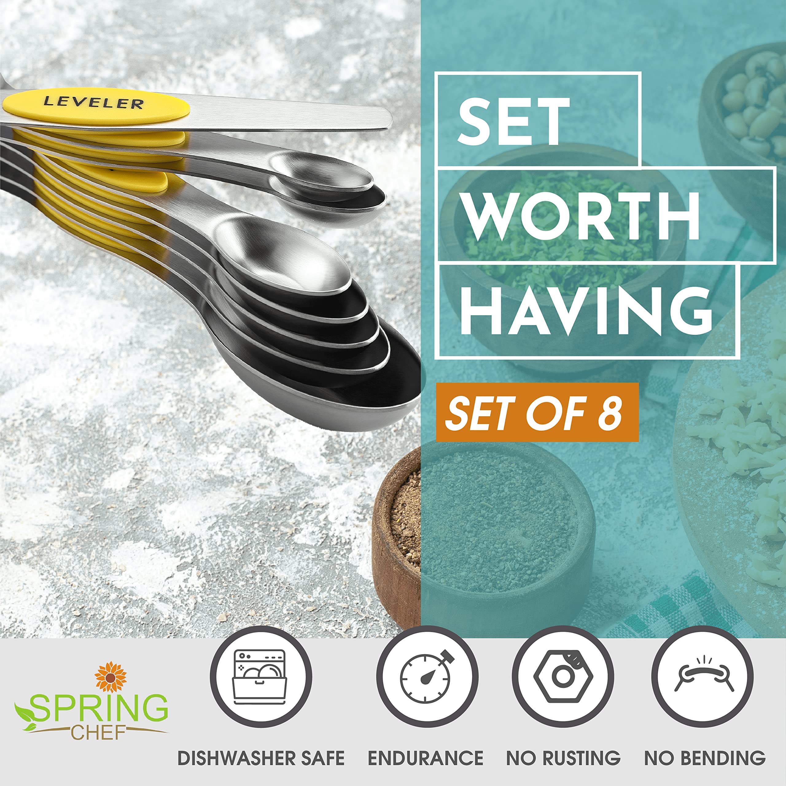 Spring Chef Yellow Stainless Steel Magnetic Measuring Spoons Set Of 8 With Leveler, Dual Sided Metal Teaspoon & Tablespoon Measu