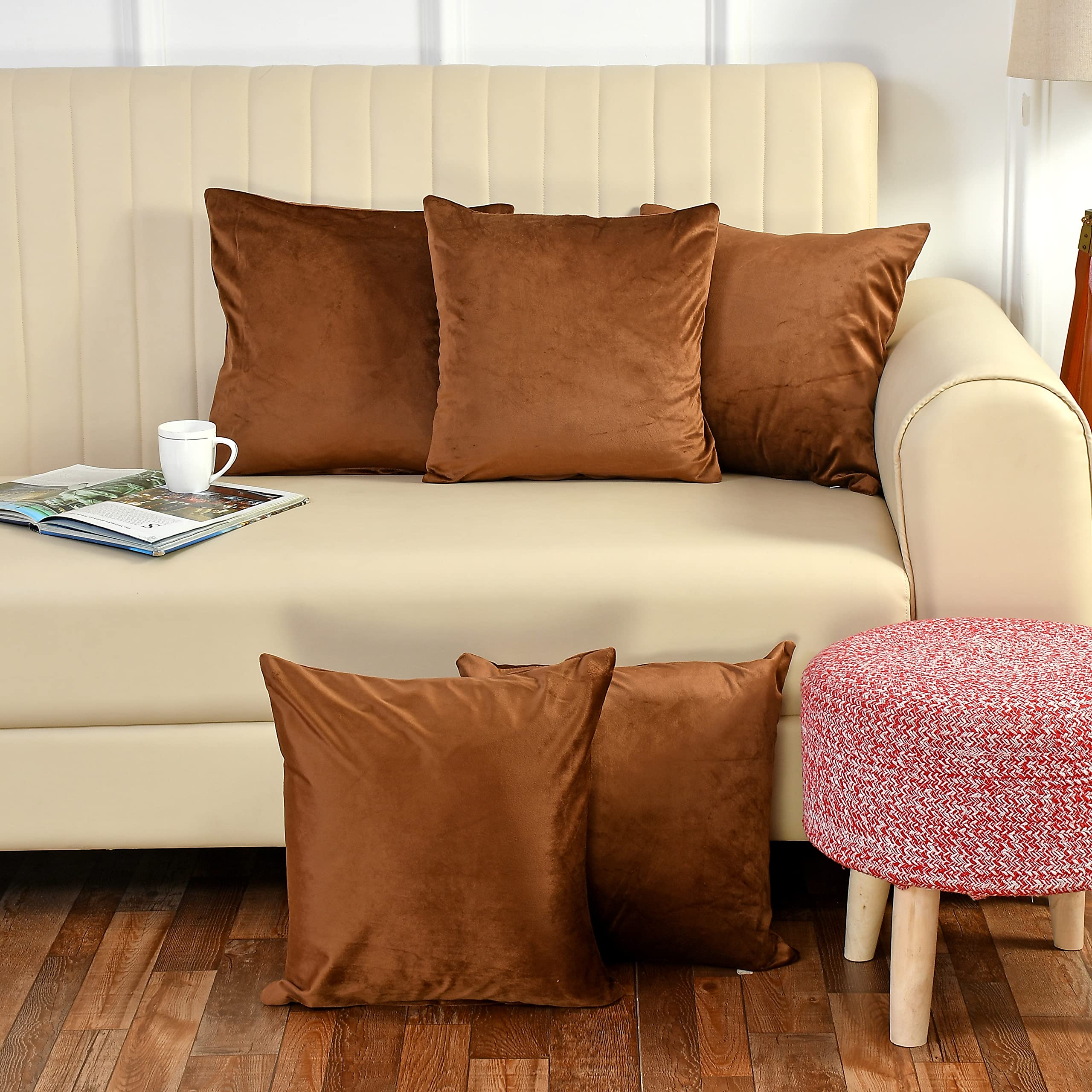 Stuffique Velvet Pillow Solid Plain Cushion Covers Set Of 5 (16 X 16 Inch) Copper
