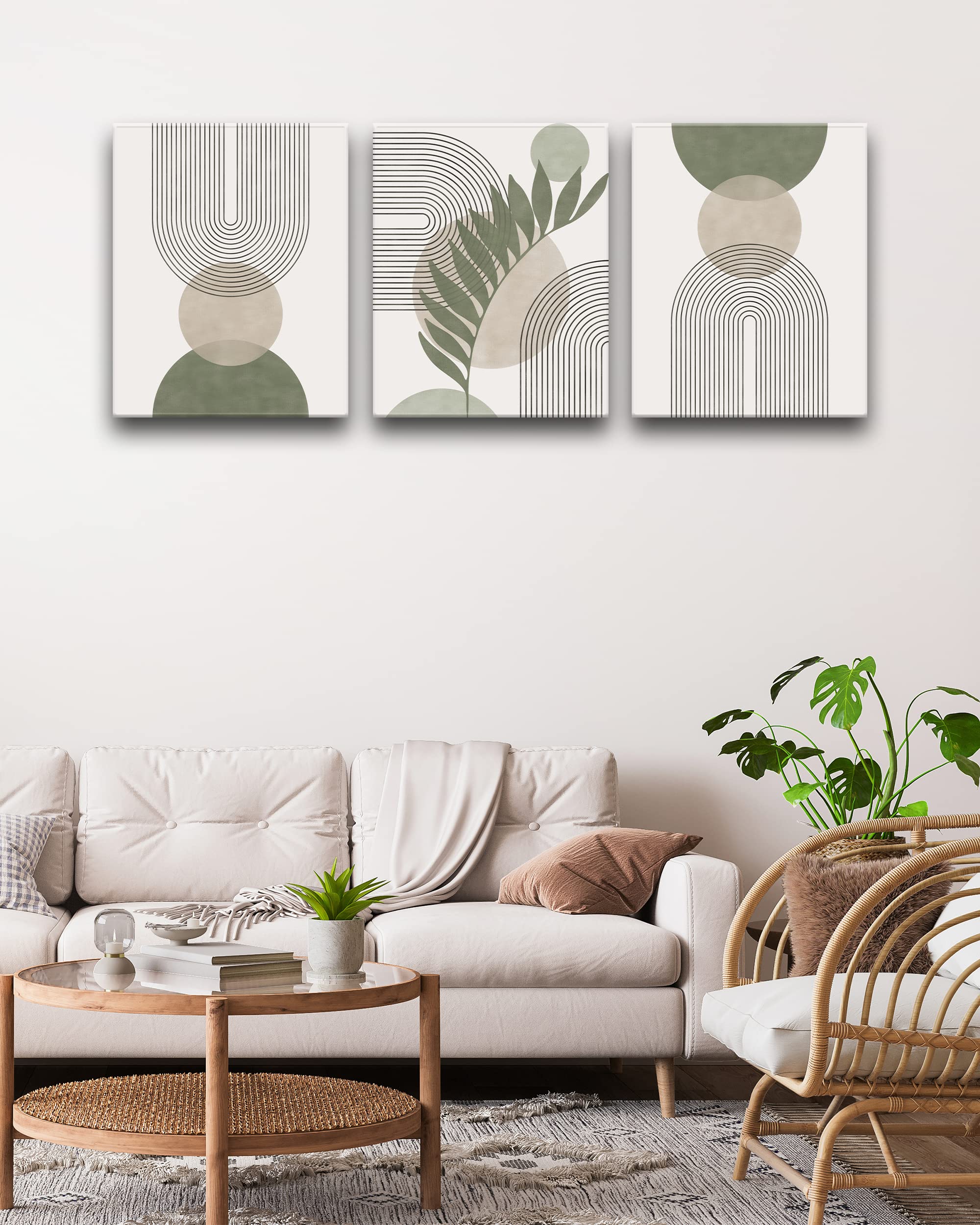 Hesendot Sage Green Boho Wall Art, 12X16In Framed Canvas Bathroom Wall Art Pictures, Mid-Century Modern Wood Framed Abstract Pri