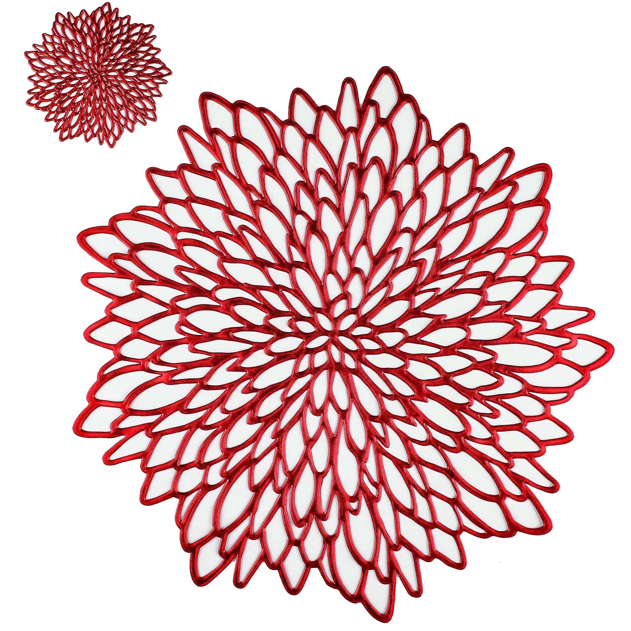 Snowkingdom 6 Pairs Red Placemats & Coasters 12 Pcs Metallic Shiny Pressed Vinyl Dinning Table Mats Round Leaf Decorative For Ch