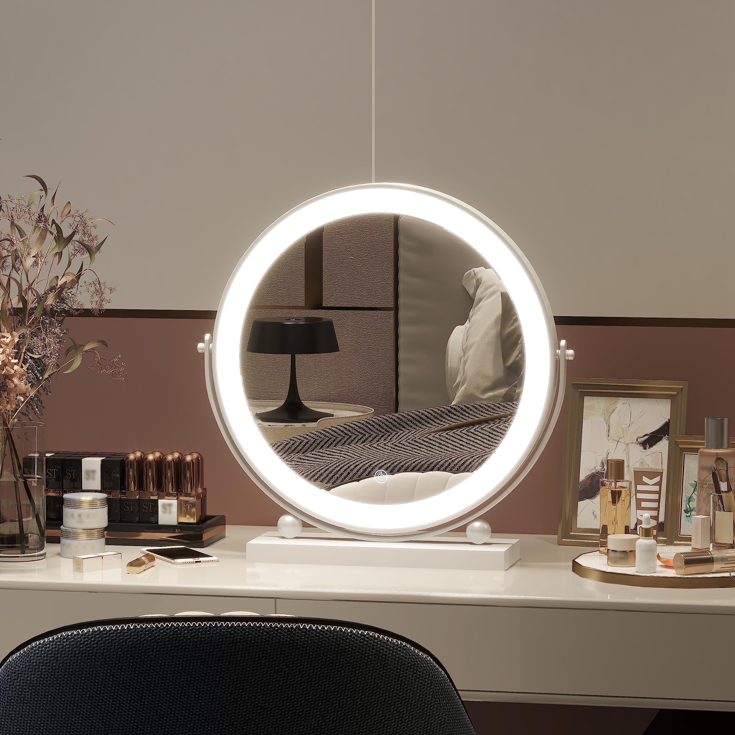 Rolove 13 Inch Vanity Mirror With Lights, Round Make Up Mirror With Lighting, Led Mirror Makeup Mirror With Lights For Bedroom T