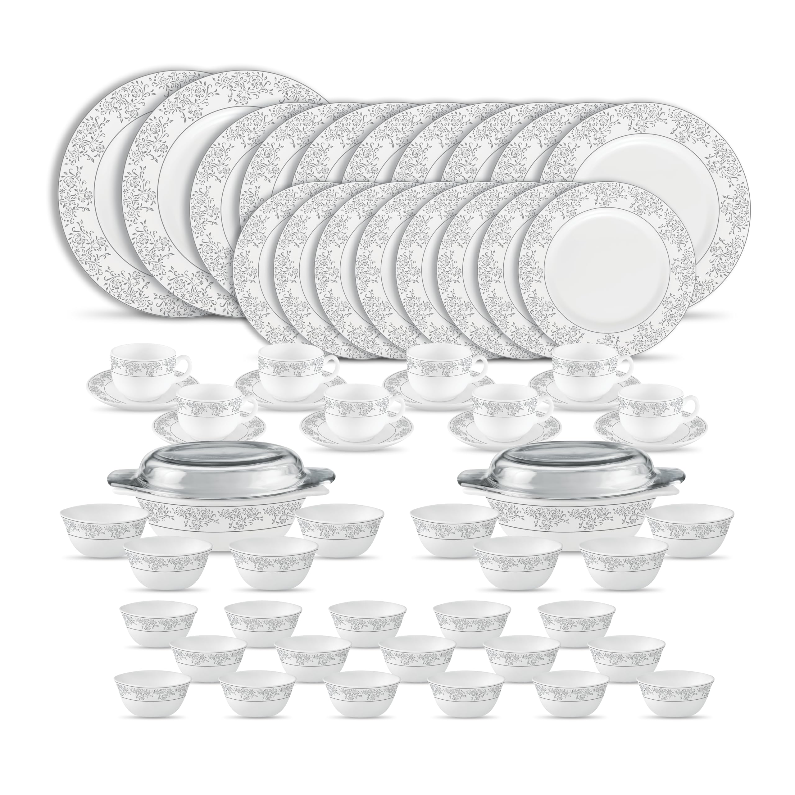 La Opala Diva Velvett Collection Opal Glass Crockery | For Family Of 8 | Dinner Set 62 Pcs Aria Grey | Plates & Bowls For Dining