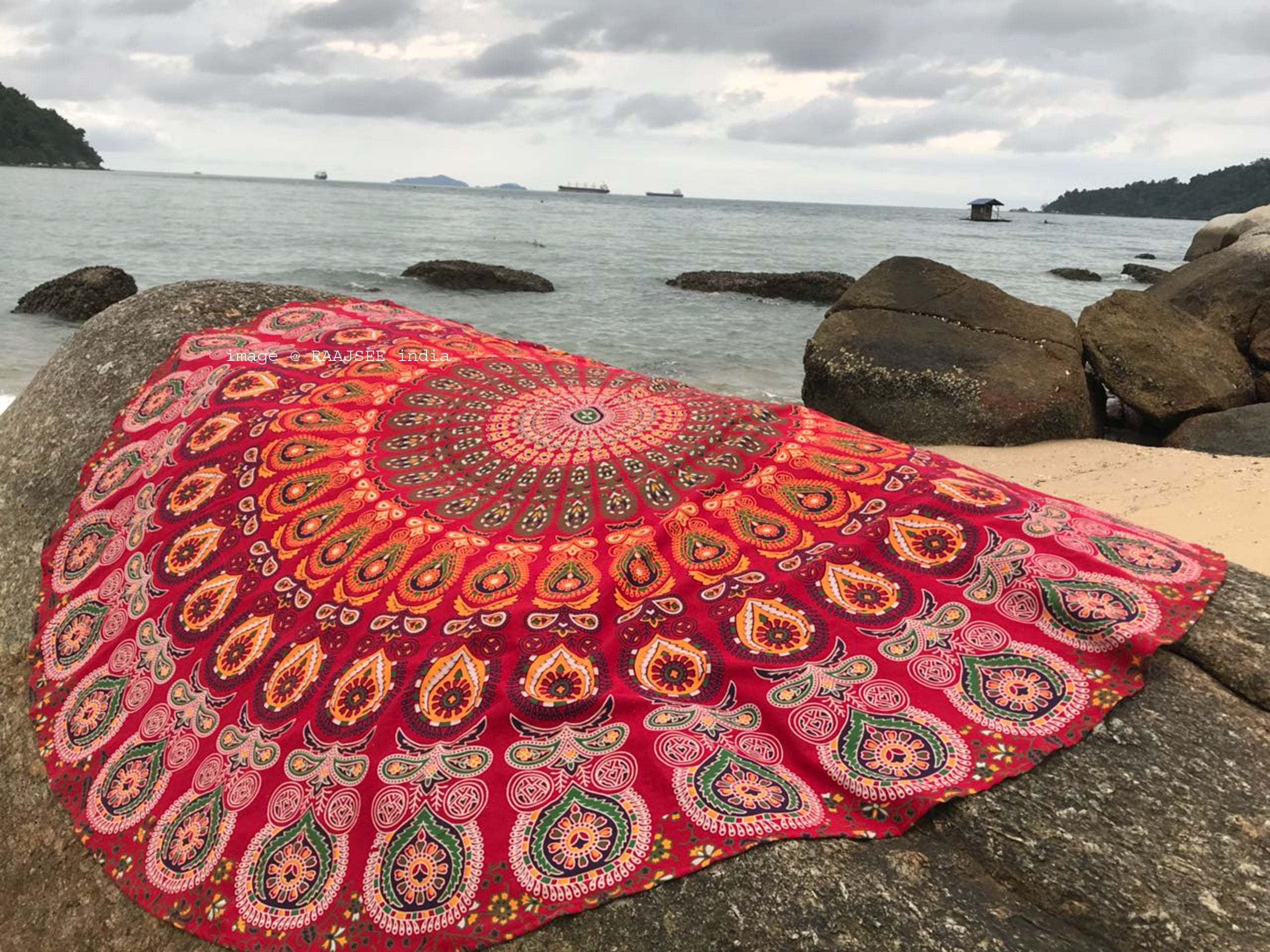 Raajsee Red Mandala Round Beach Tapestry Hippie/Boho Beach Blanket Roundie/Indian Cotton Throw Bohemian Round Table Cloth/Yoga M