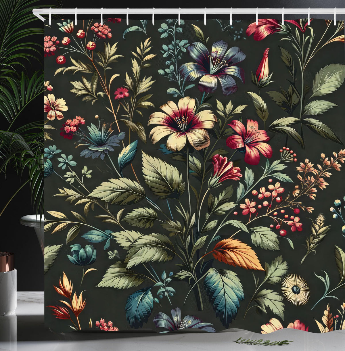 Ambesonne Floral Shower Curtain, Nostalgia Concept Leafy Jungle And Hibiscus Flowers With Modern Details, Cloth Fabric Bathroom